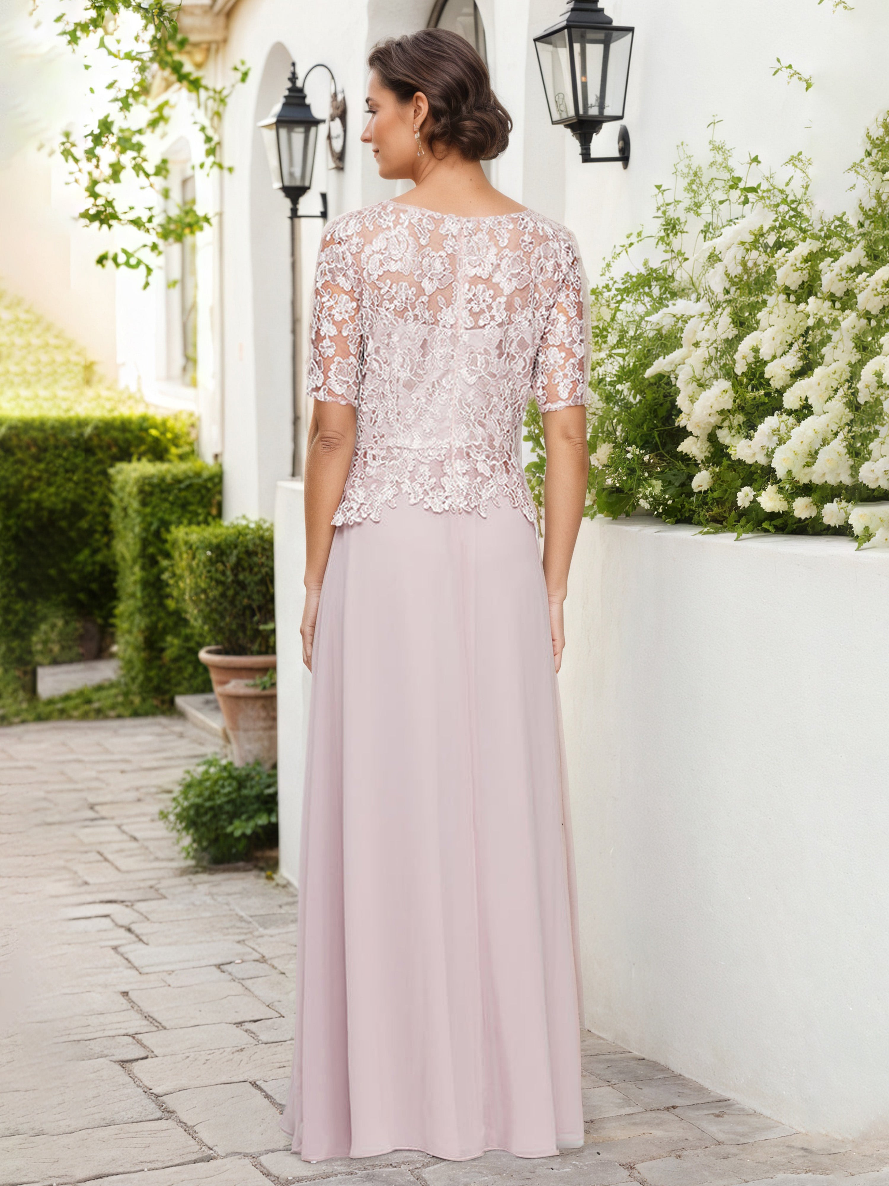 Robe Mere dela Mariee Rose Col Rond Robe Trapèze en dentelle Demi-Manche