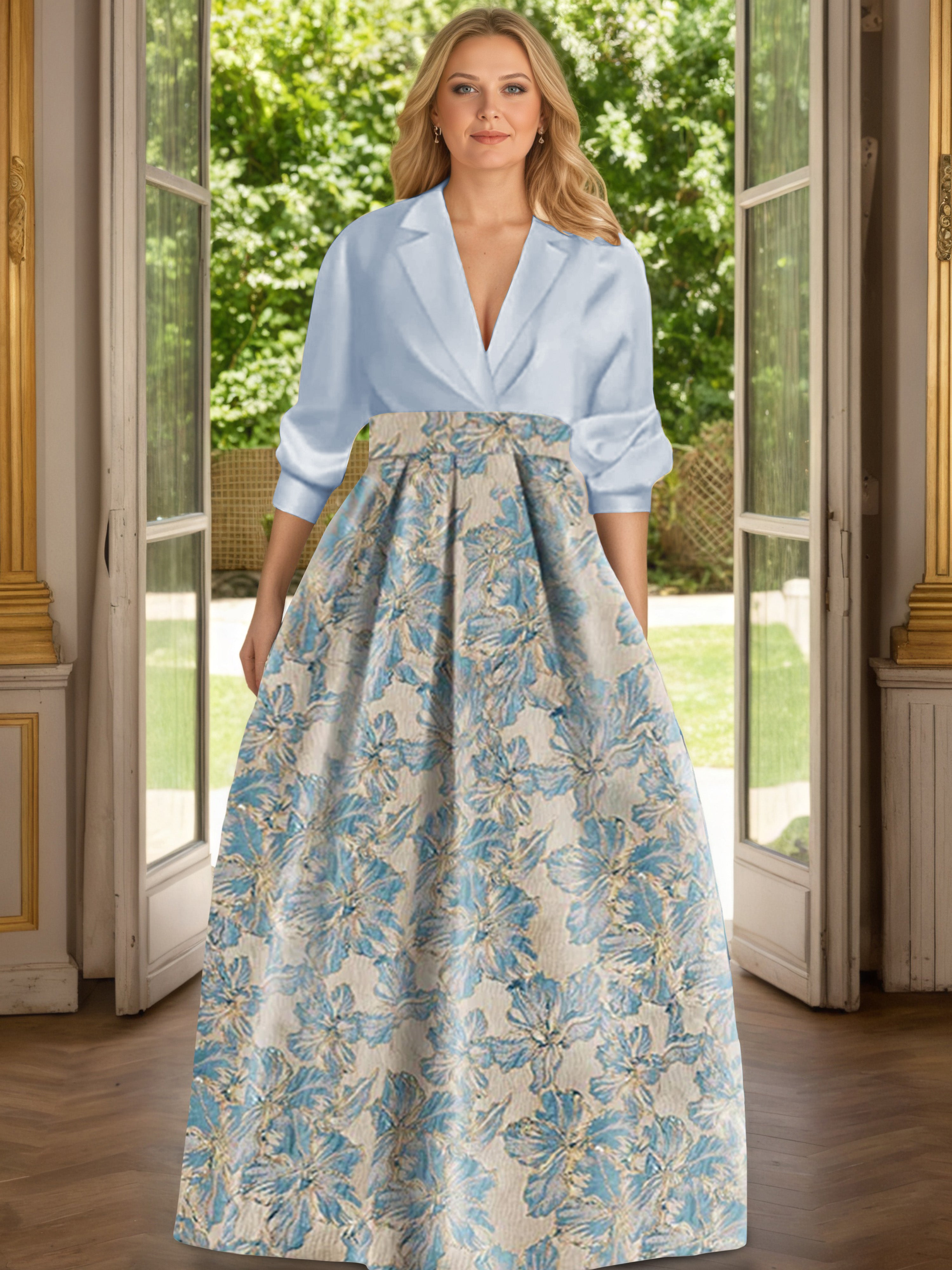 Cicinia Robe Mère de la Mariée BLEU CIEL Longue A-Line en Jacquard Gaufré Revers Longueur Sol