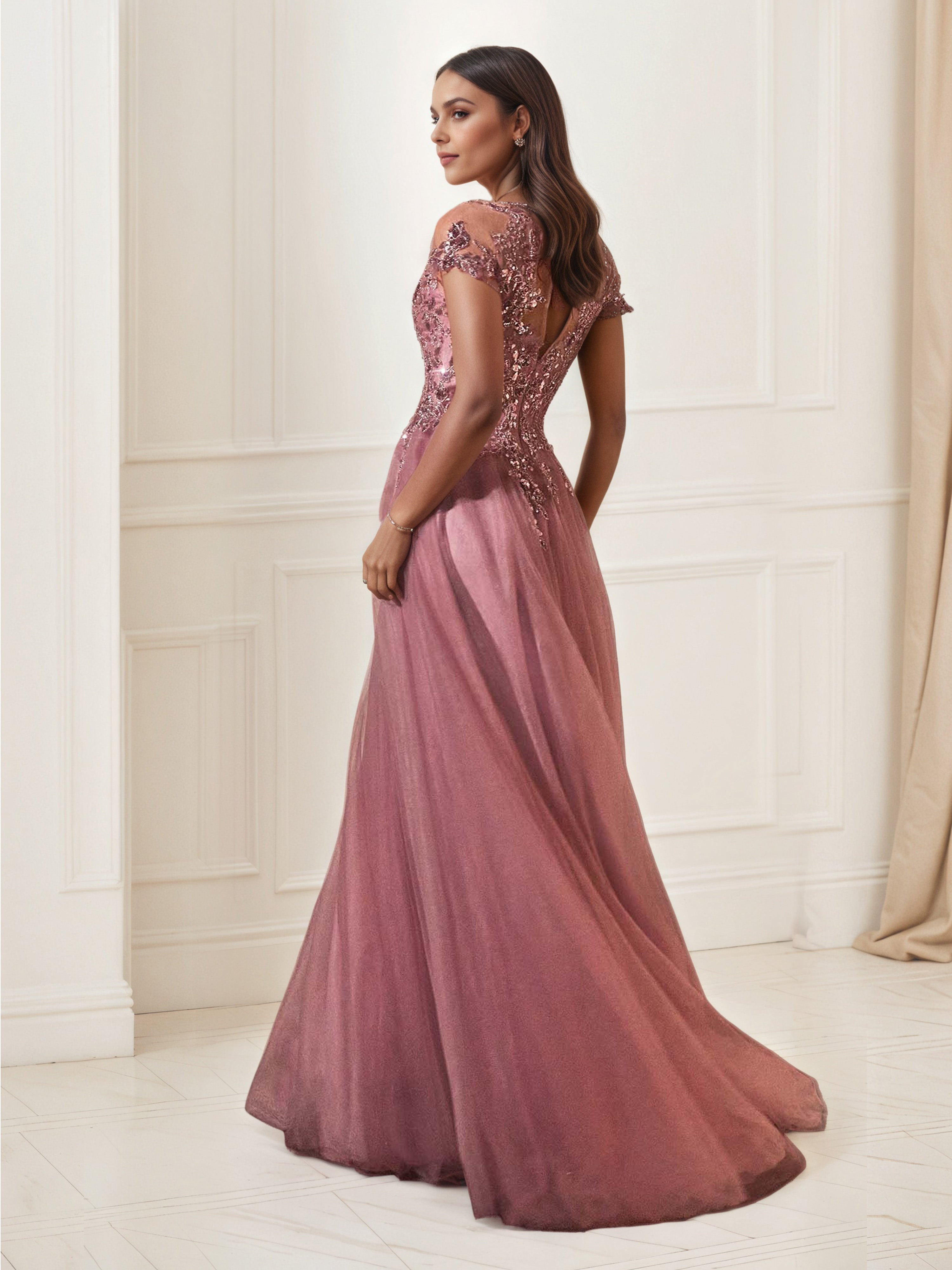 Robe de Soirée ROSE_POUDRE Col V Ornée d’applications de Paillettes Scintillantes Trapèze Manchette