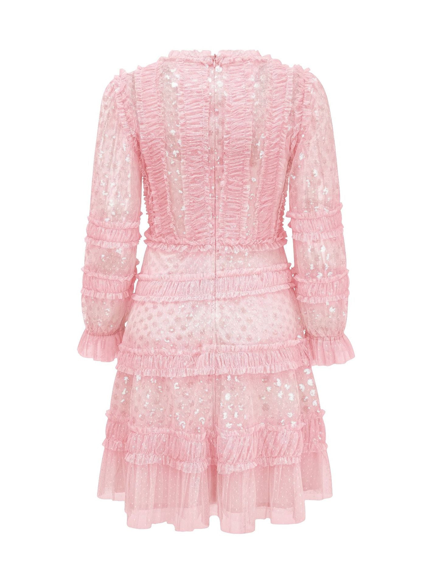 Robe Courte Trapèze Paillettes Col Rond Manches Longues Robe de Soirée en Rose