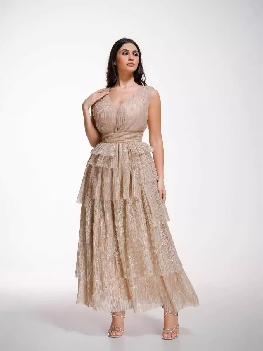 Robe Longue en Tulle Trapèze Col V Sans Manches Robe de Soirée en Or