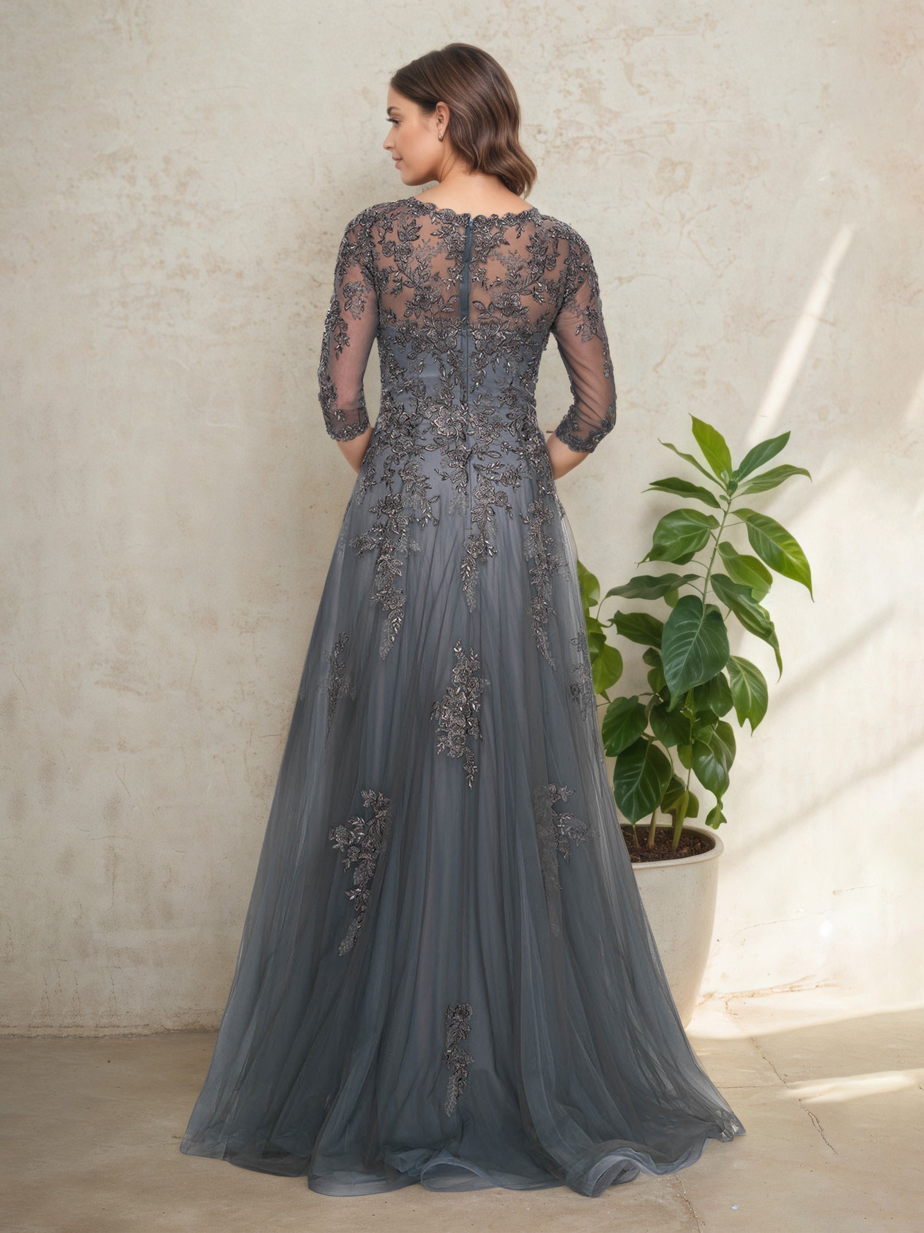 Robe Mère de la Mariée ORAGEUX en Dentelle - Manches Trois-Quarts à Décolleté en V