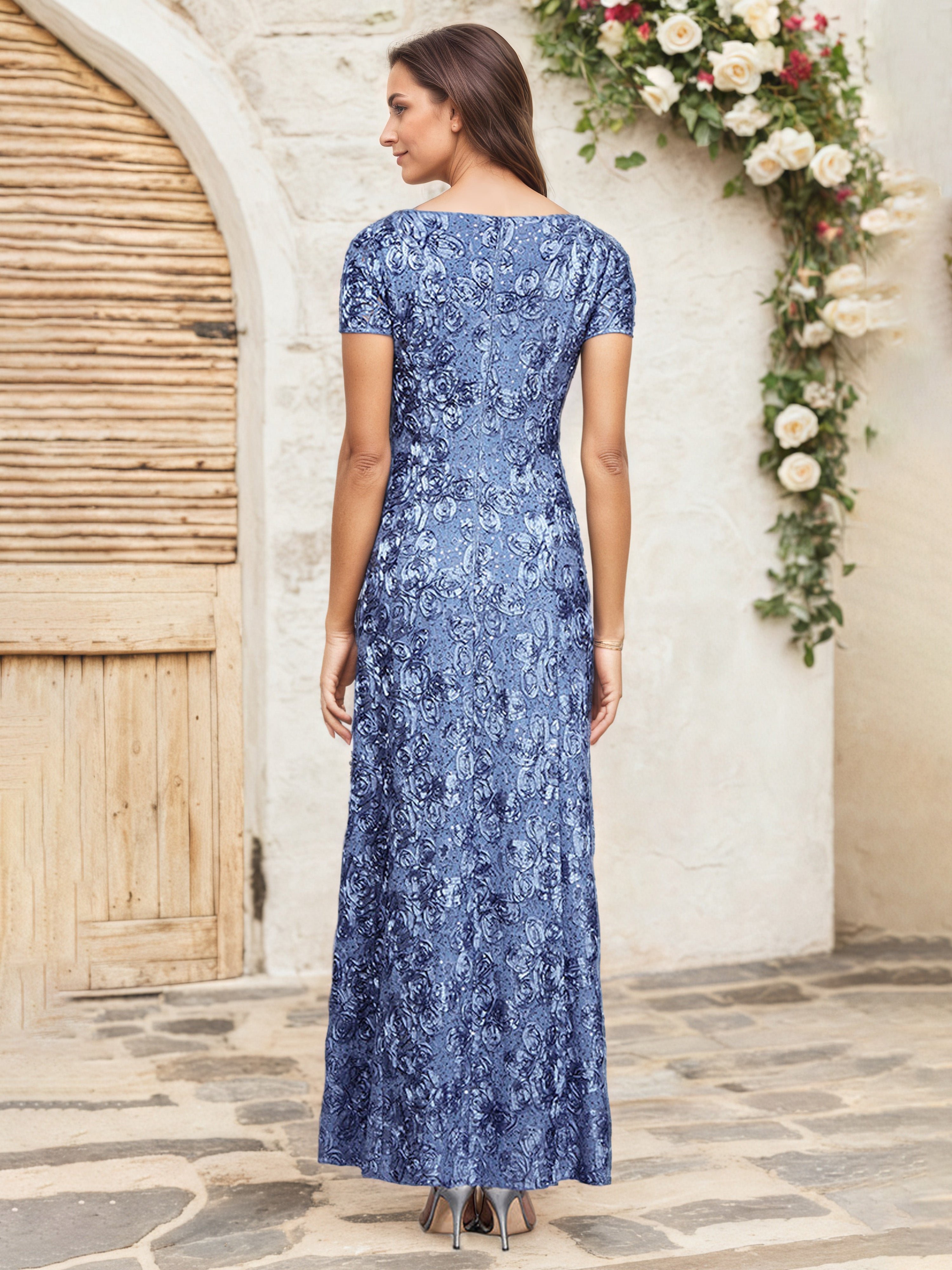 Robe Cérémonie Mariage Mère Du Marié Periwinkle Paillettes Florales Fourreau/Colonne Robe Mère de la Mariée