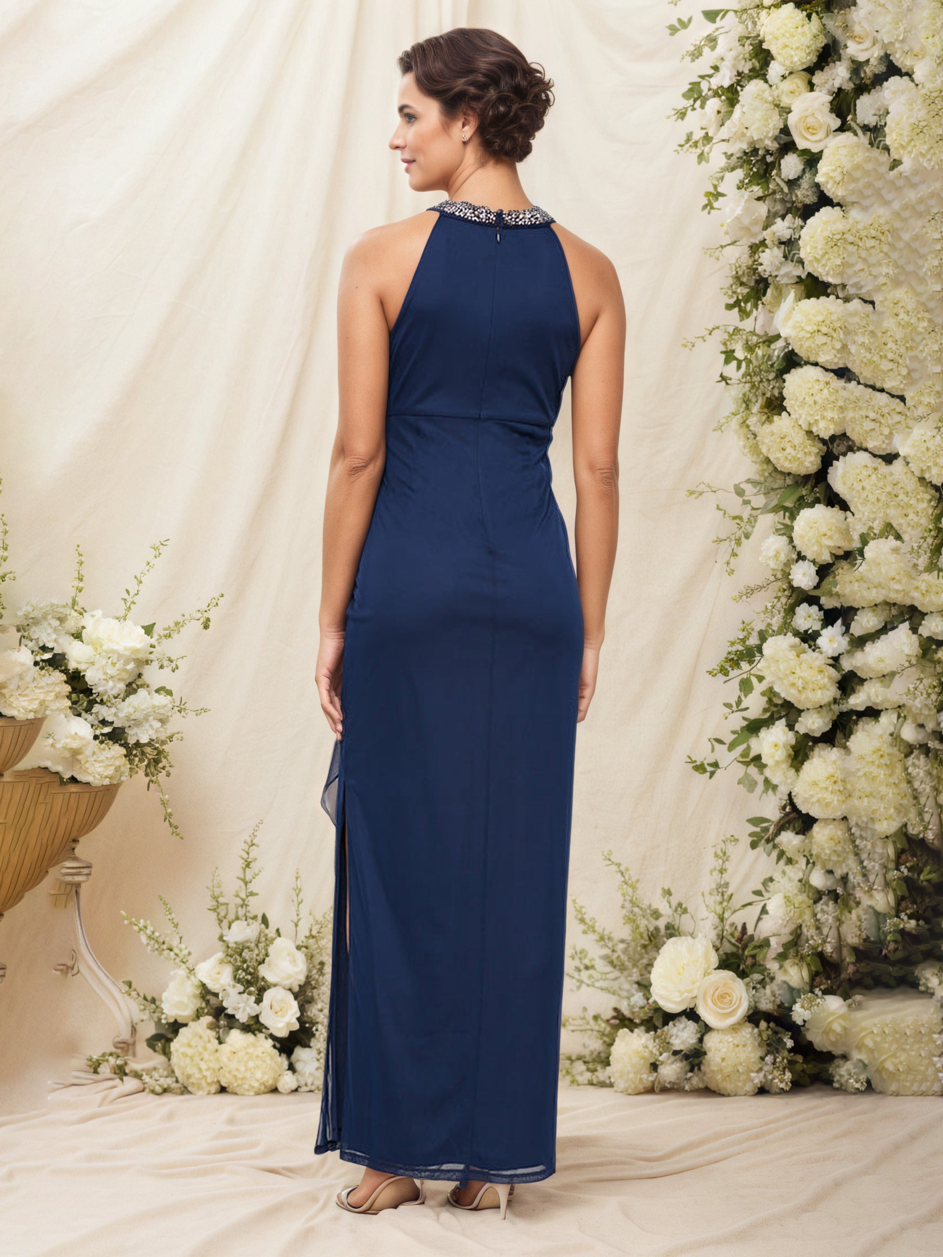 Robe Cérémonie Mariage Mère Du Marié BLEU_MARINE Licou Robe Fourreau/Colonne