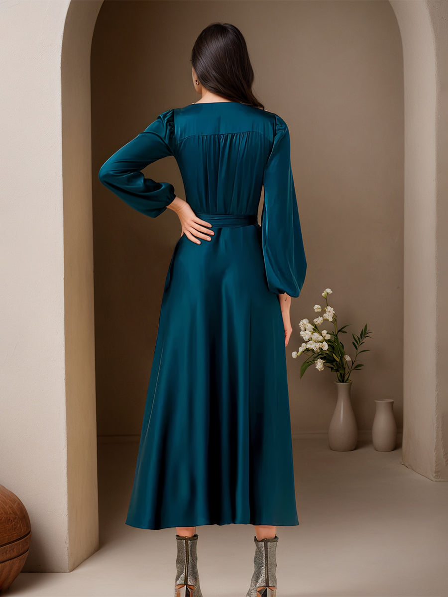 Cicinia Paon Robe de Soirée Longue en Satin et Mousseline A-Line Longueur Midi (Thé) Décolleté en V