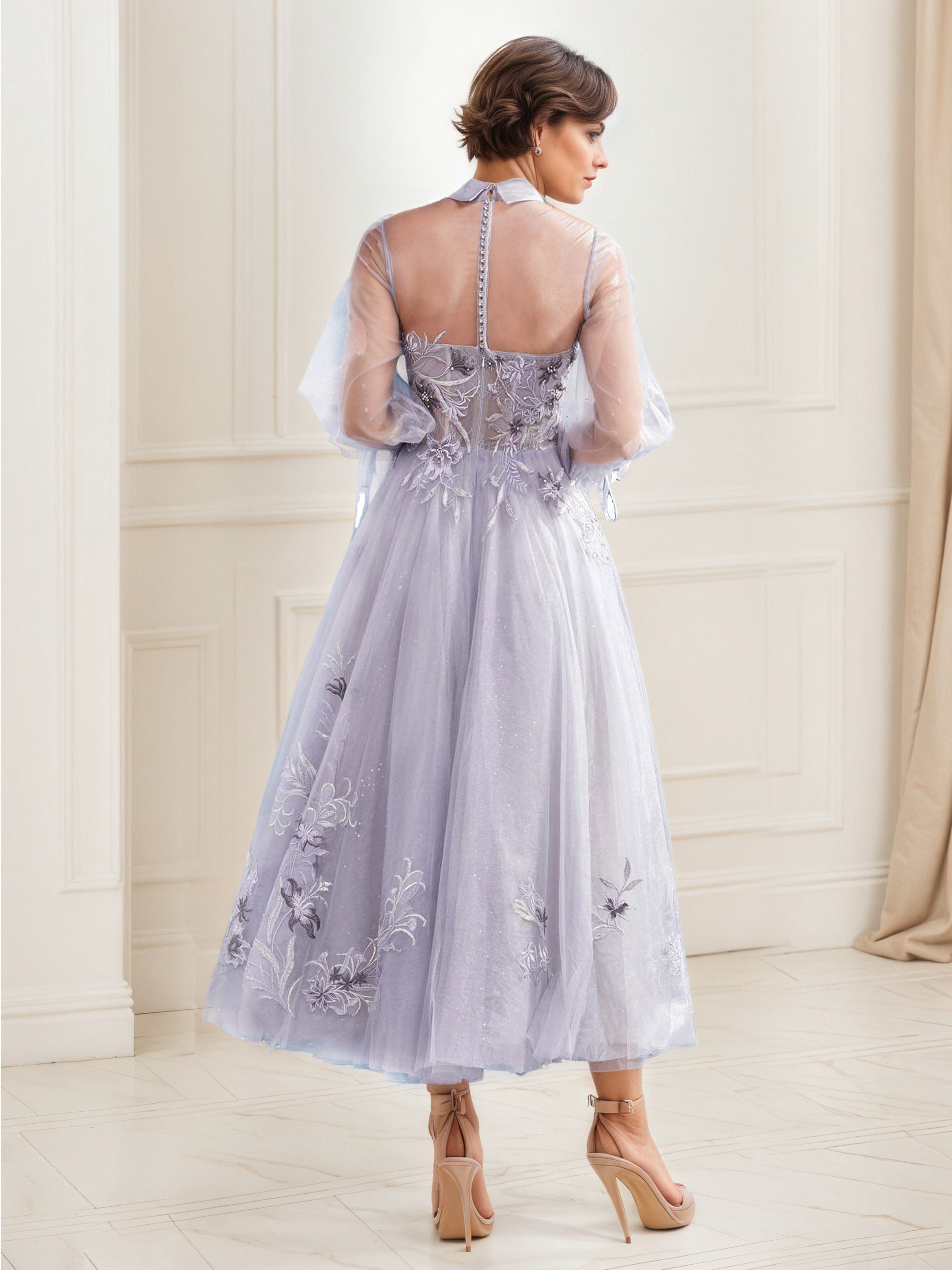 Robe de Soirée Classique CREPUSCULE Col Chemise Robe en dentelle brodée Trapèze à Manches Longues