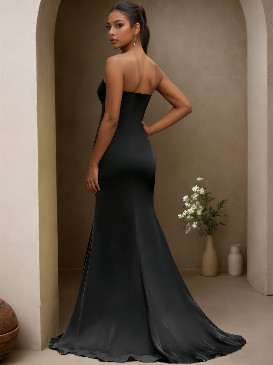 Cicinia Noir Robe de Soirée Longue en Tissu Extensible Fourreau Fente sans Bretelles