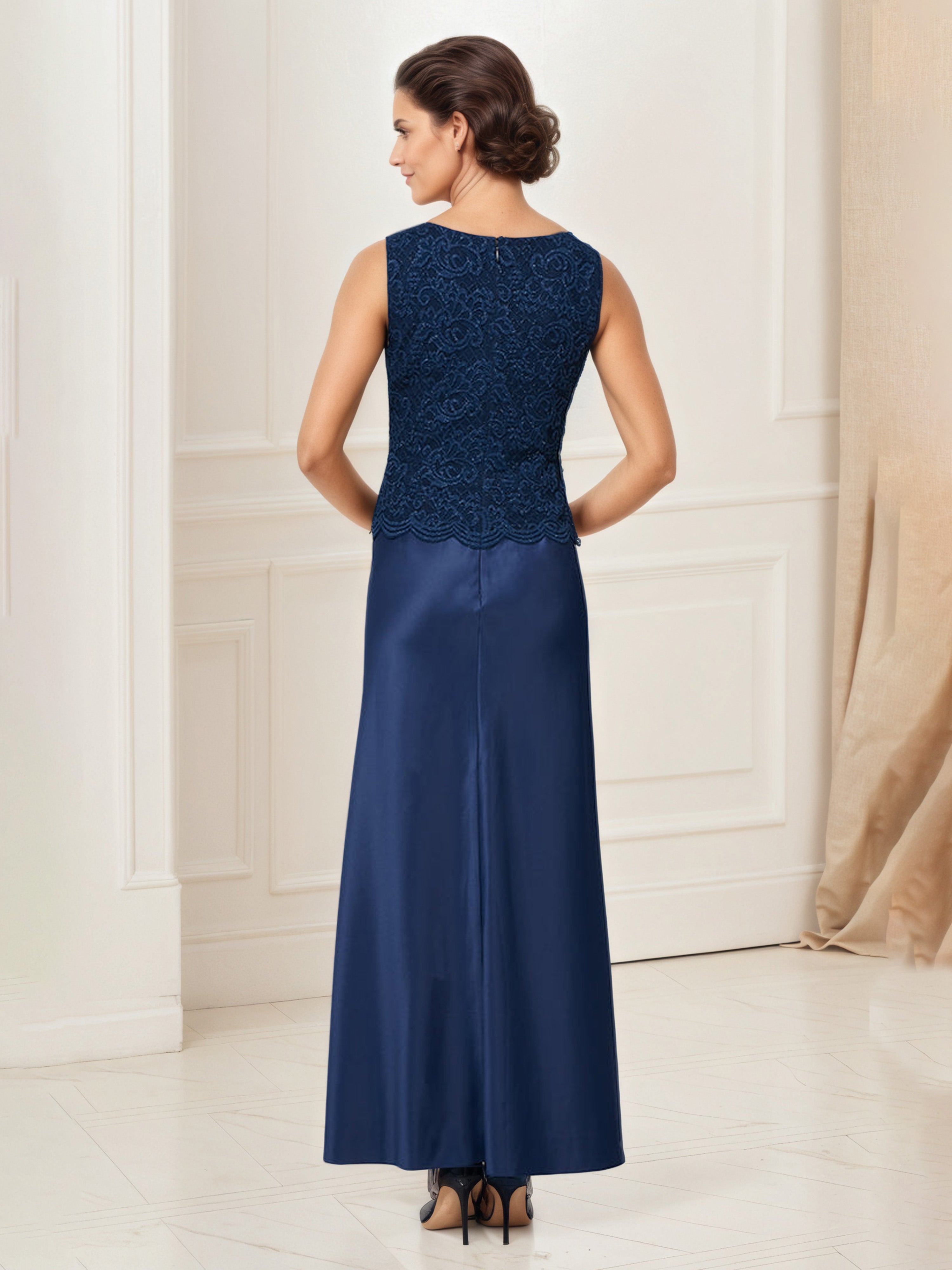 Tenue Mère De la Mariée Très Chic BLEU_MARINE Col Rond Robe Ensemble Manches 3/4 Avec Veste en Dentelle