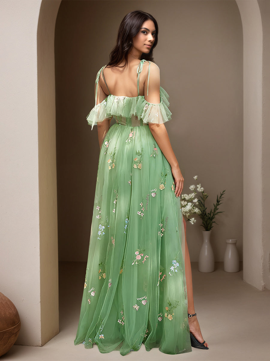 Cicinia Sauge Poussiéreux Robe de Soirée Longue en Dentelle et Tulle A-Line Bretelles Spaghetti Longueur Sol Fente