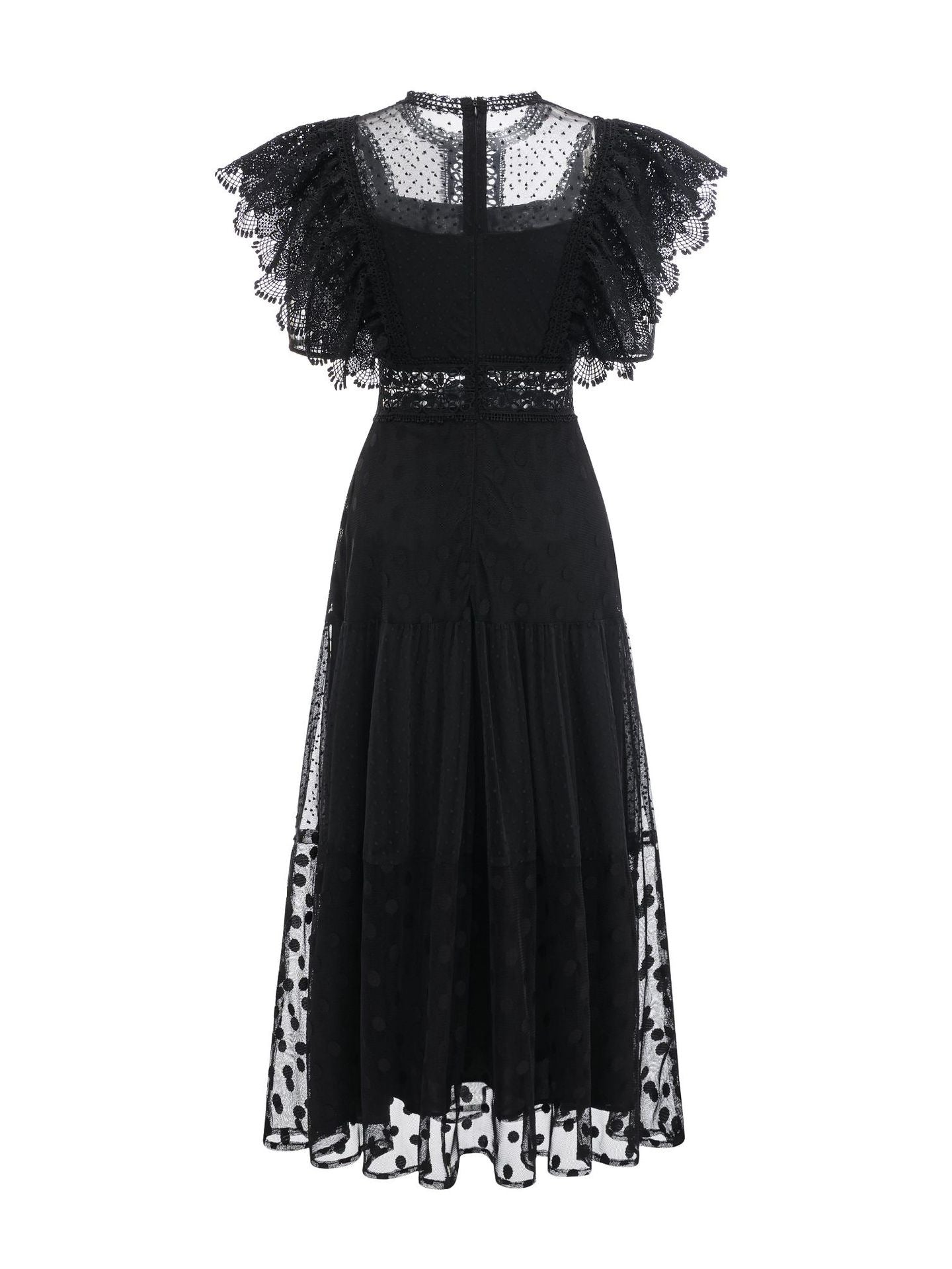 Robe Longue Trapèze Col Rond Manches Courtes Robe de Soirée en Noir