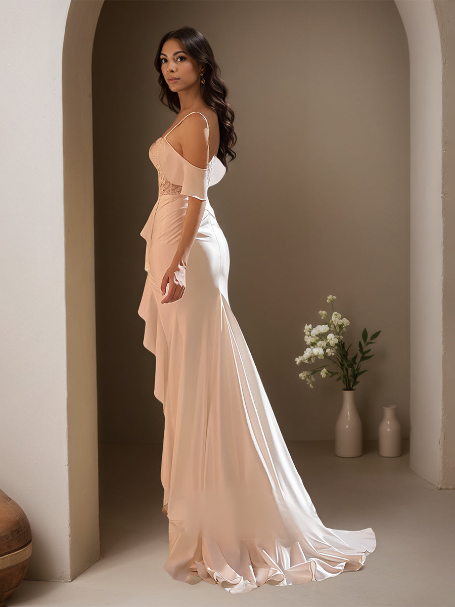 Cicinia Pêche Robe de Soirée Longue en Mousseline Appliqués Dentelle Fourreau avec Traîne