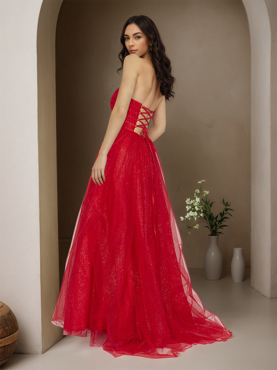 Cicinia Rouge Robe de Soirée Longue en Tulle A-Line sans Bretelles Traîne Balayée