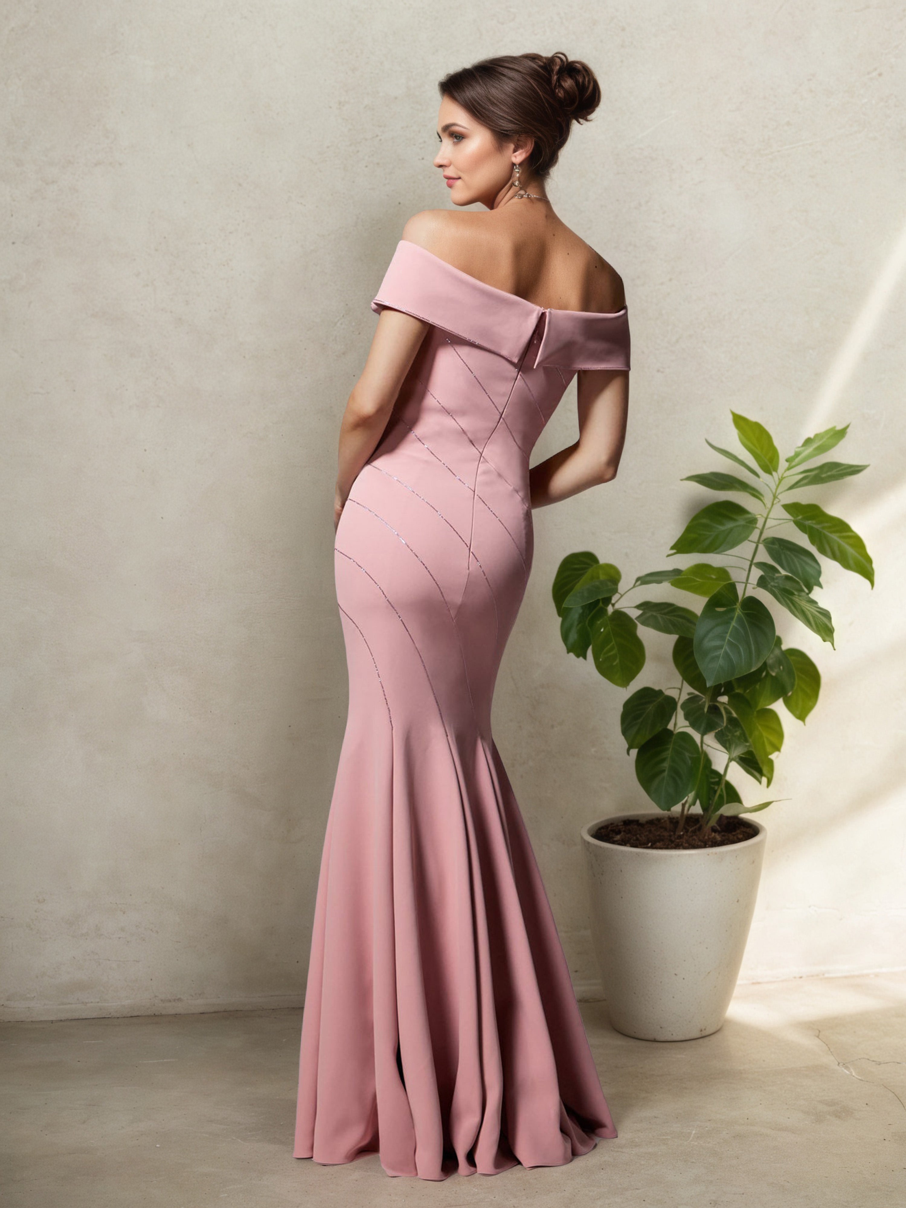 Robe Mère de la Mariée Élégante à Épaules Dénudées Corsage Illusion Fleuri avec Plissés Sophistiqués