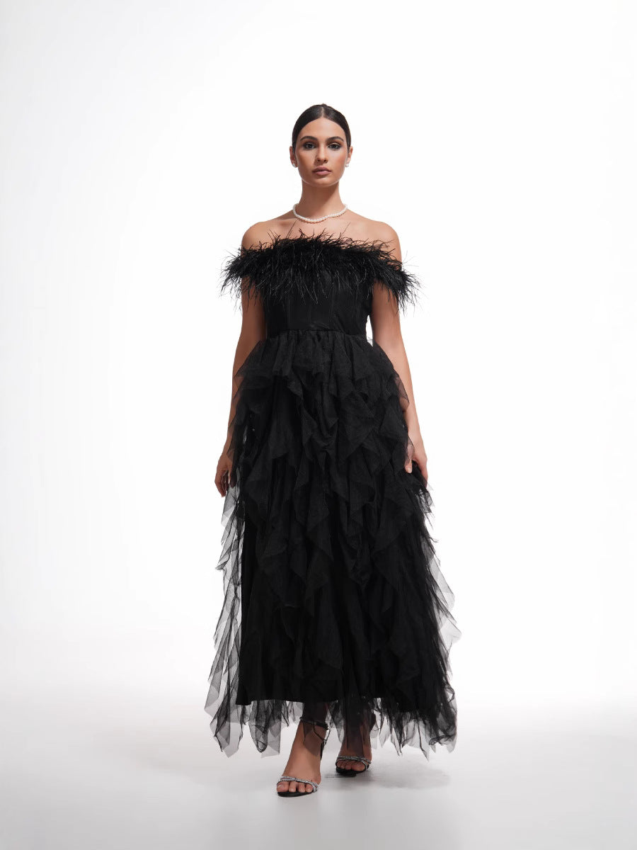 Robe Longue Trapèze Épaule Dénudée Sans Manches Robe de Soirée en Noir