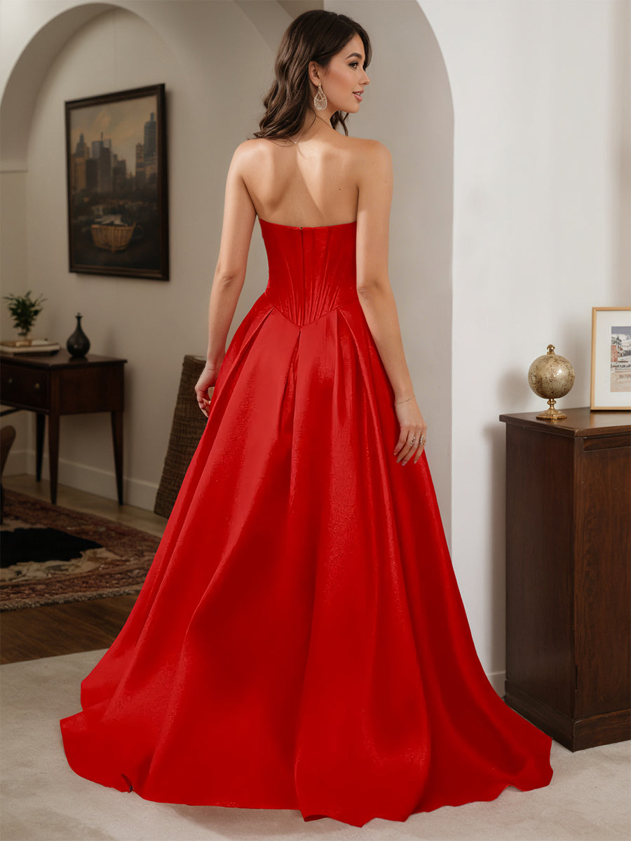 Cicinia Robe de Soirée ROUGE Longue A-Line en Satin sans Bretelles Longueur Sol