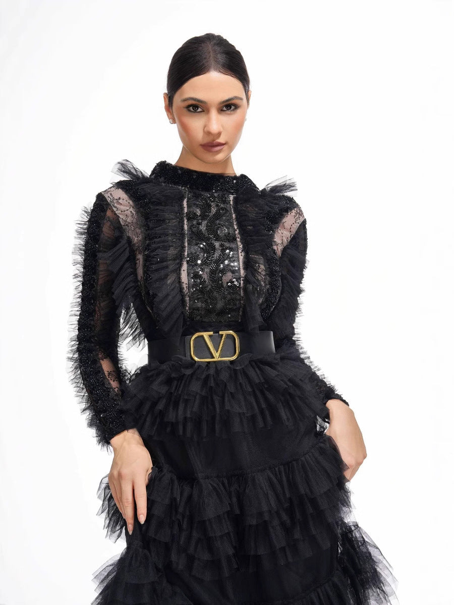 Robe Longue Trapèze Col Montant Manches Longues Robe de Soirée en Noir