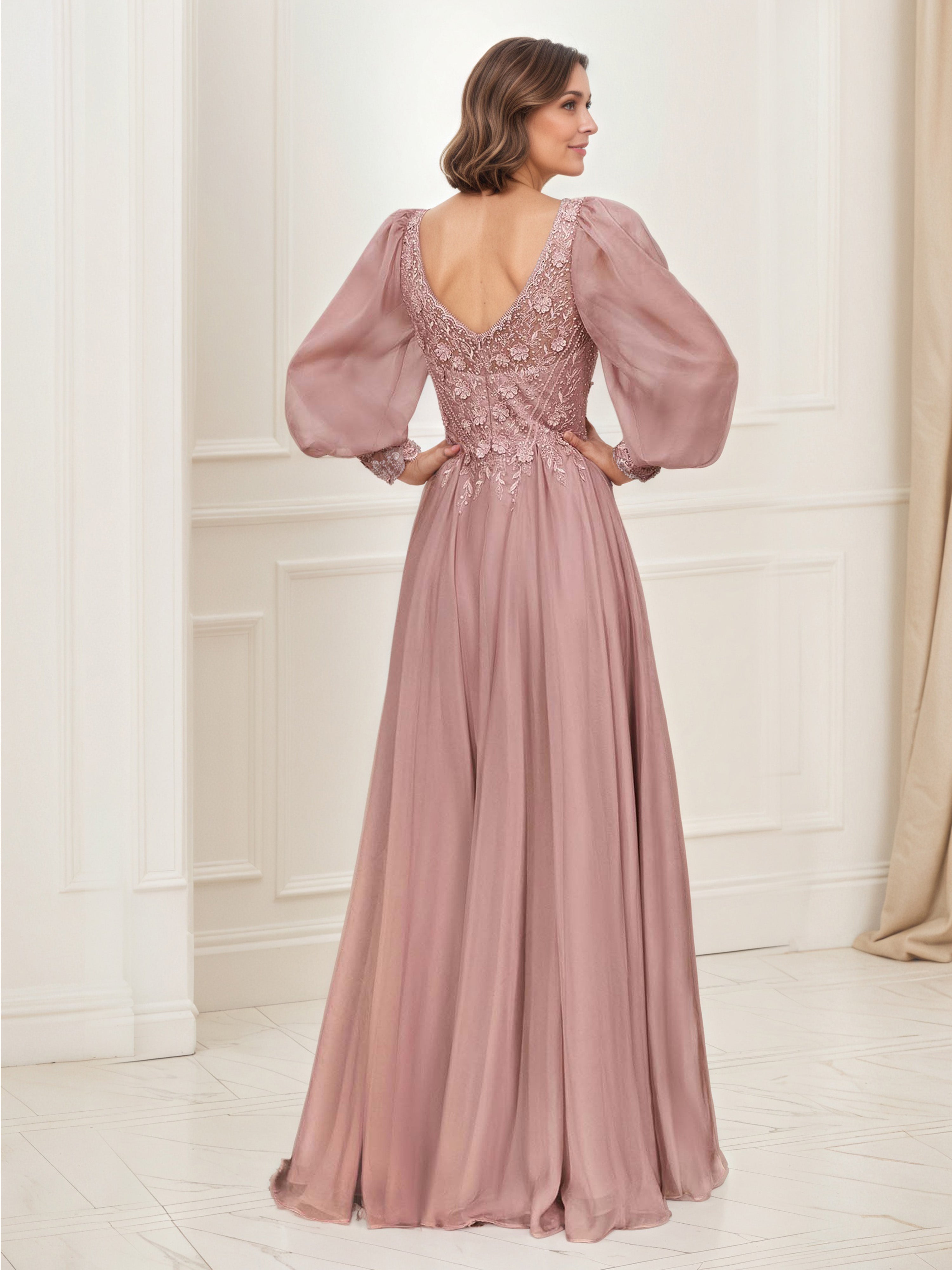 Robe de Soirée VINTAGE_MAUVE Col V Robe Dentelle et Mousseline Trapèze Manches Longue