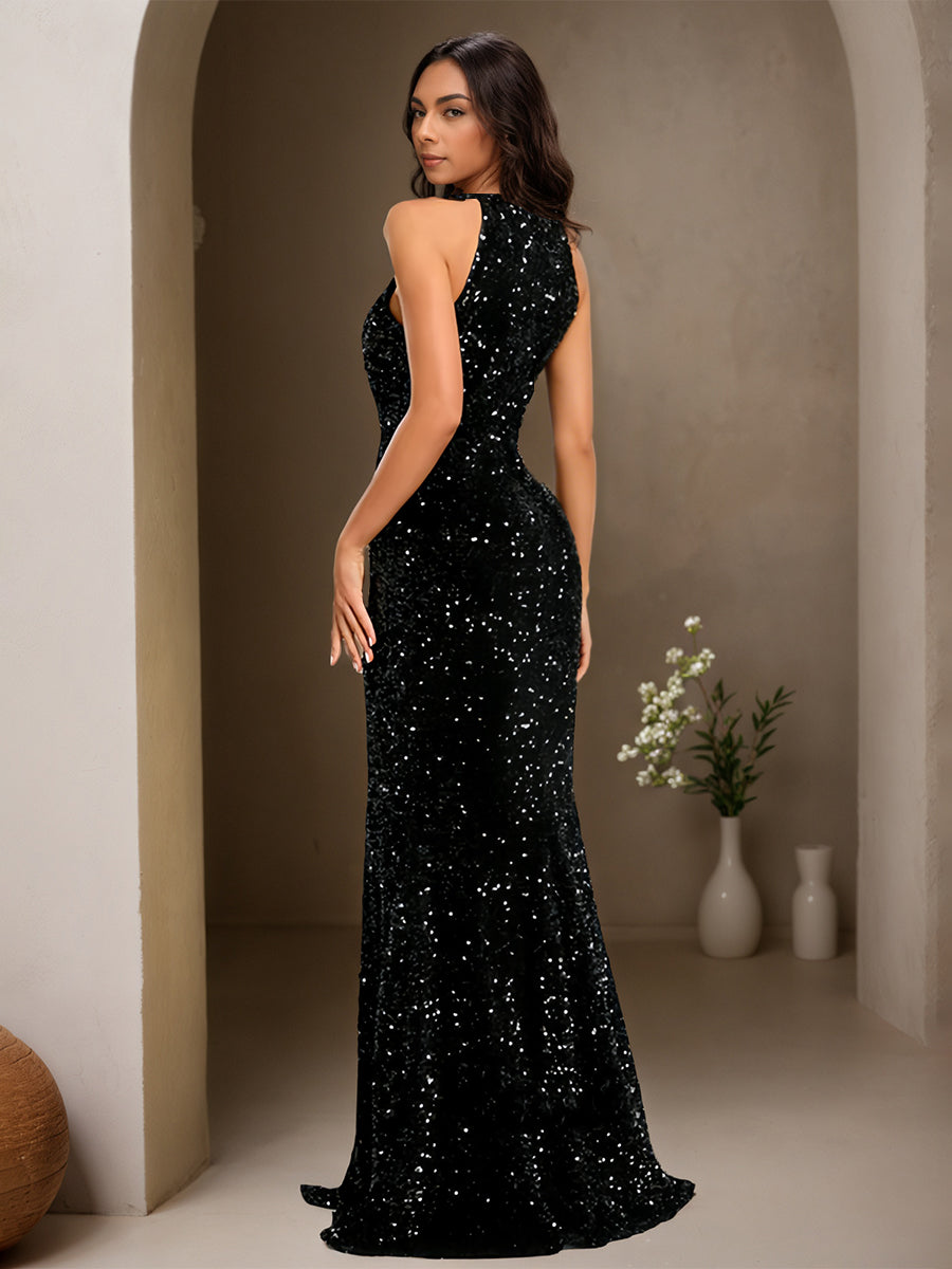 Cicinia Noir Robe de Soirée Longue à Paillettes Licou Fourreau sans Manches Brillante