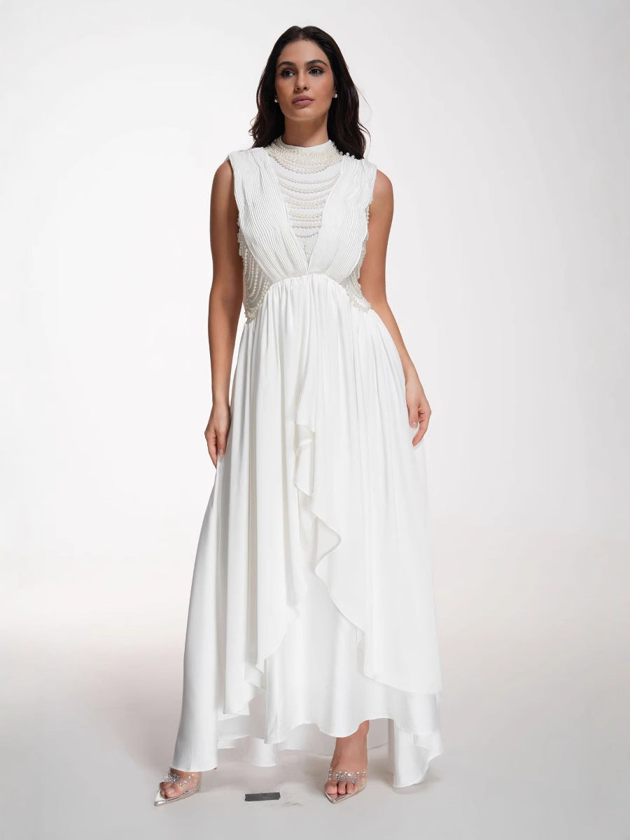 Robe Longue Asymétrique Col Rond Sans Manches Robe de Soirée en Blanc