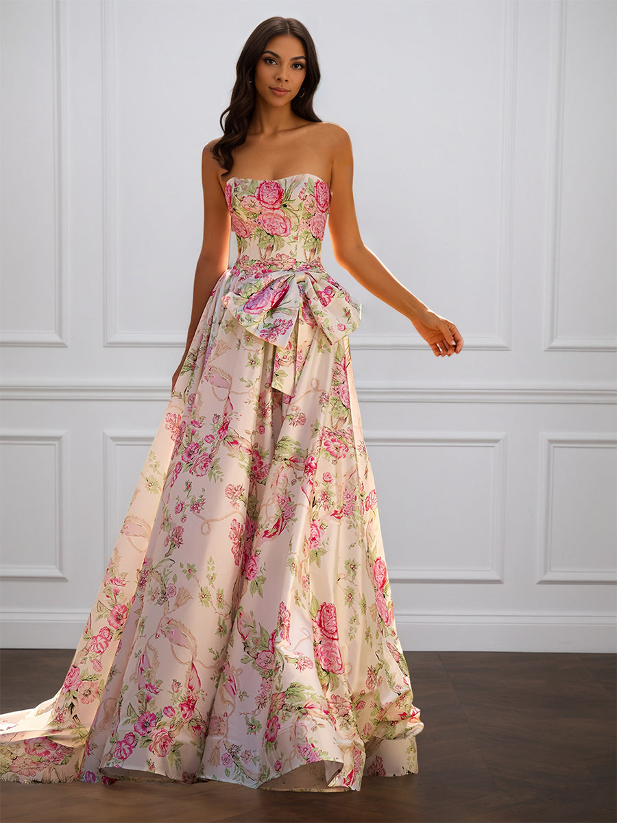 Cicinia Abricot Robe de Soirée Longue en Tissu Imprimé A-Line sans Bretelles avec Traîne