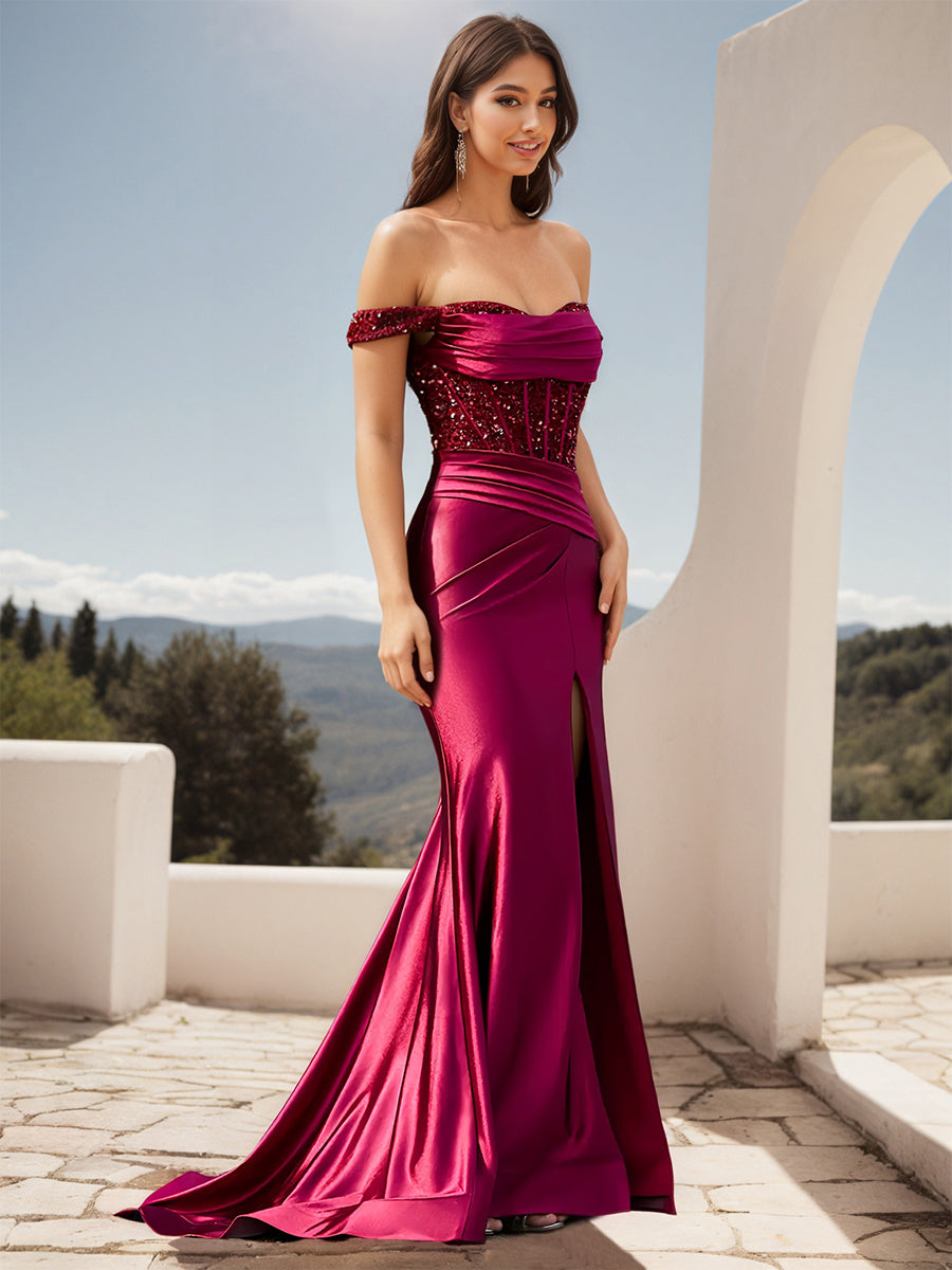 Cicinia Fuchsia Robe de Soirée Longue en Tissu Extensible Fourreau Fente Épaules Dénudées Traîne Balayée