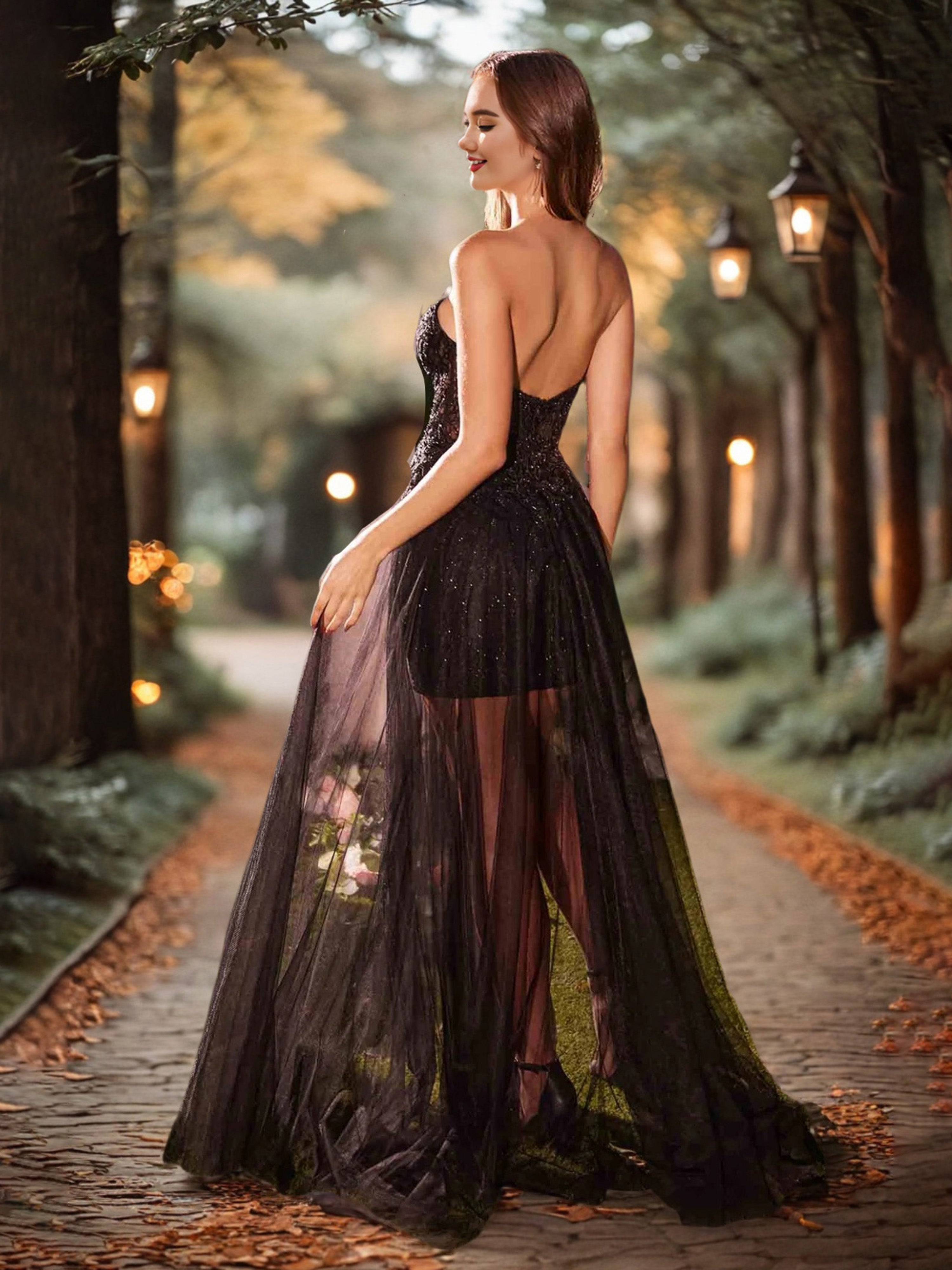 Cache Coeur Detelle et Tulle Robe de Soirée en NOIR