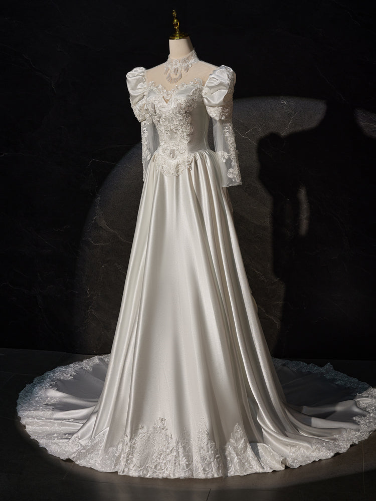 Trapèzes Robe de Mariée Ivoire en Satin Vintage avec Manches Longues et Appliques