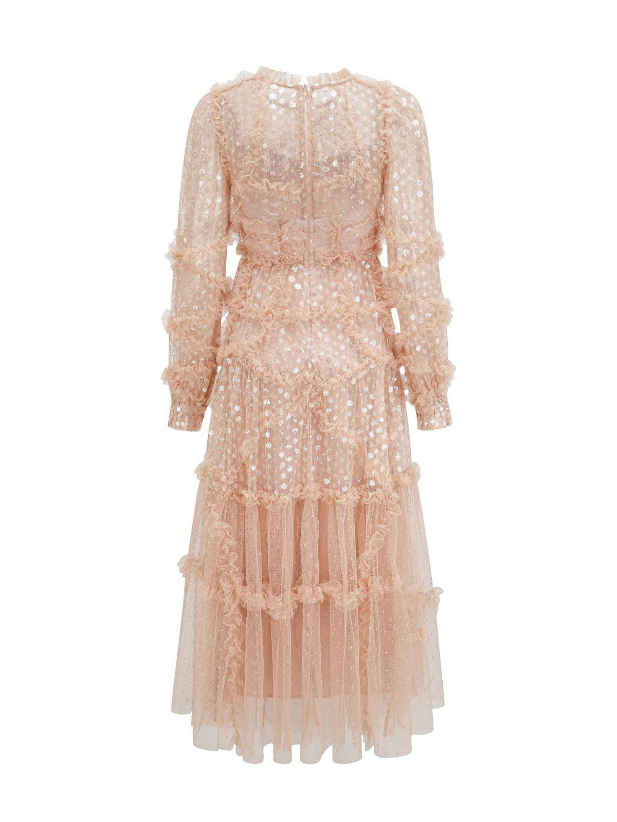 Robe Trapèze Paillettes Col Rond Manches Longues Robe de Soirée en Rose