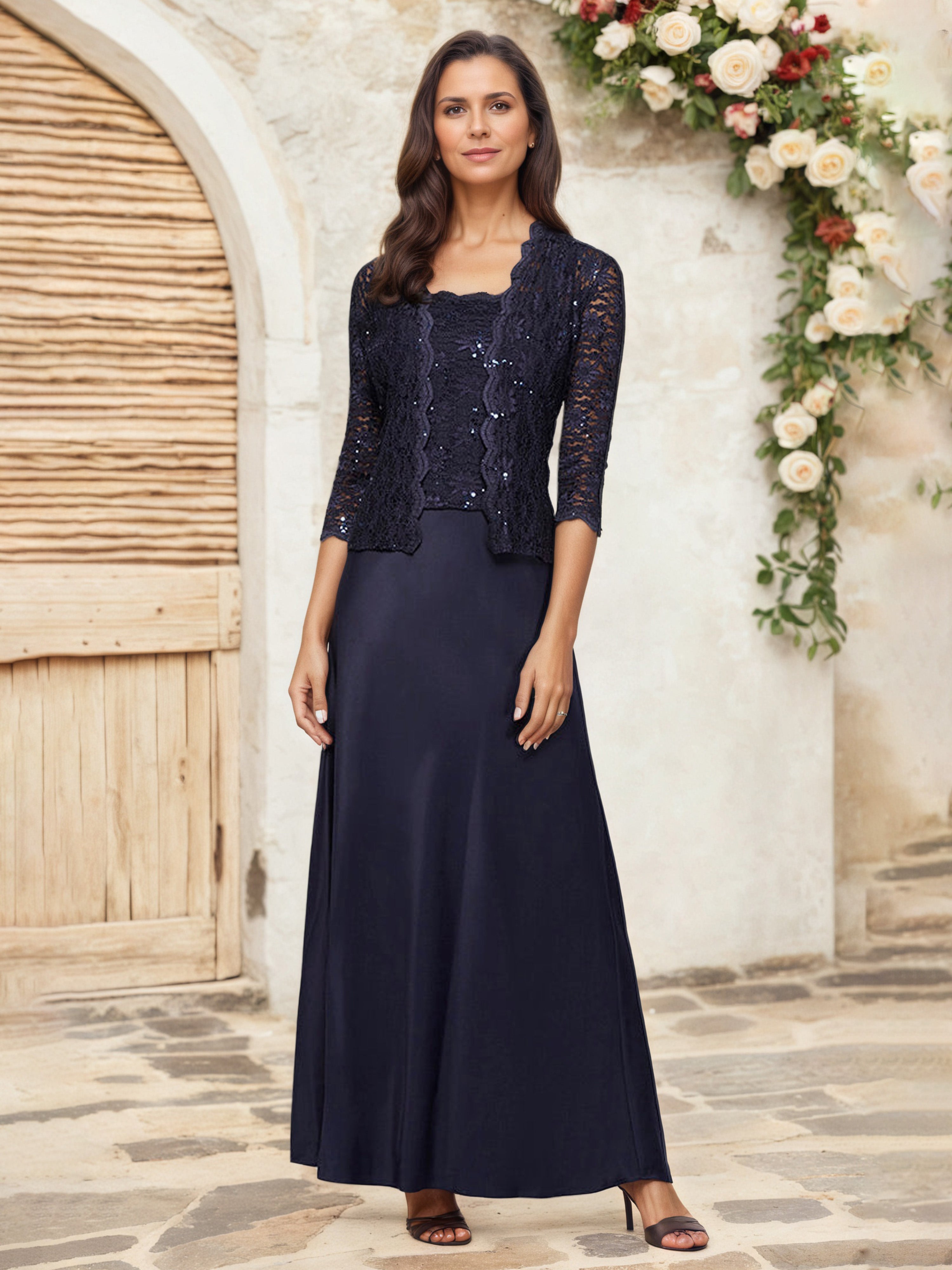 Tenue Mère de la Mariée Très Chic BLEU MARINE Trapèze Col Carré Manches 3/4 Robe en Satin Extensible et Dentelle