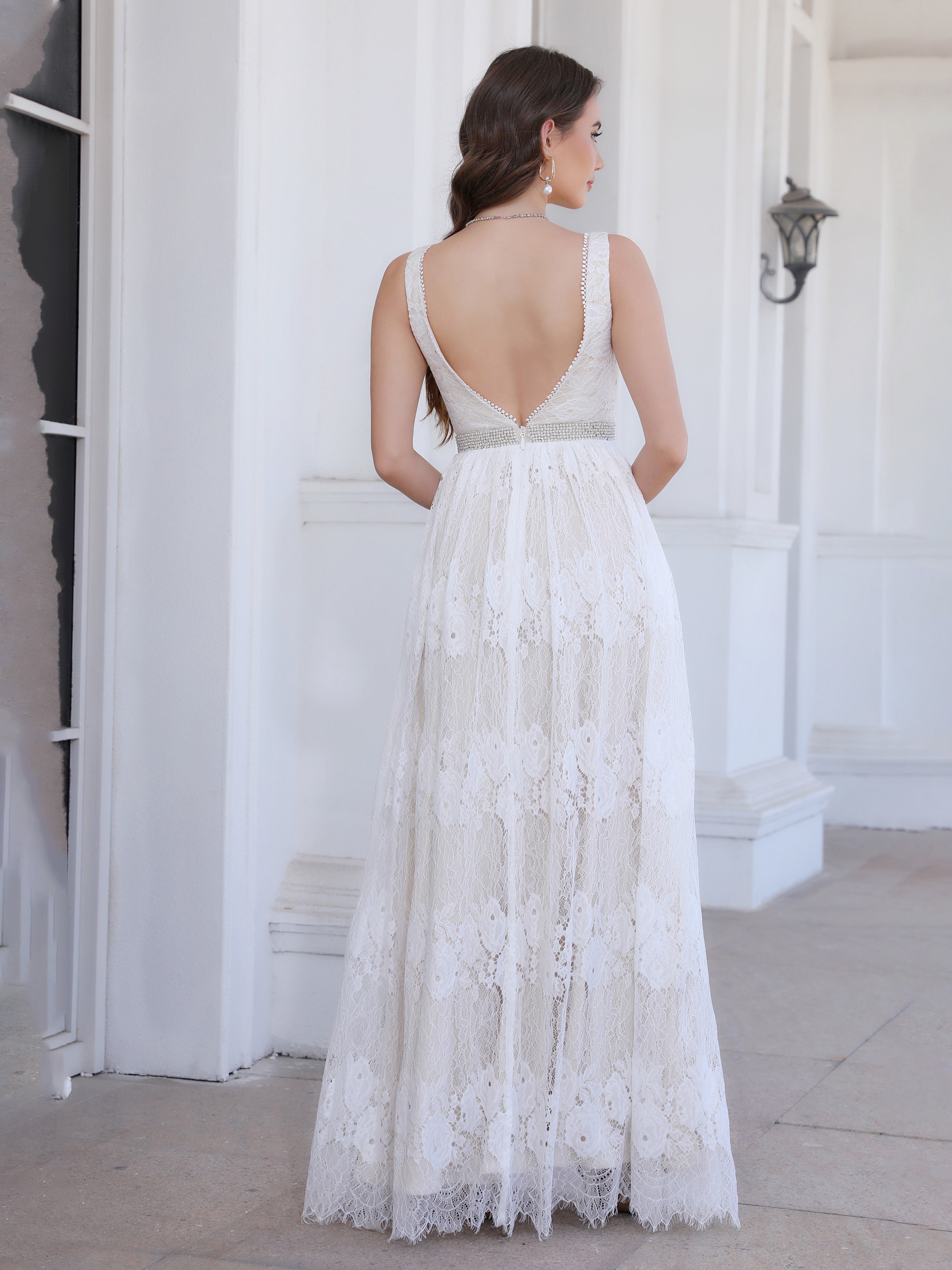 Col V Dentelle Sans Manches Robe de Mariage Trapèze