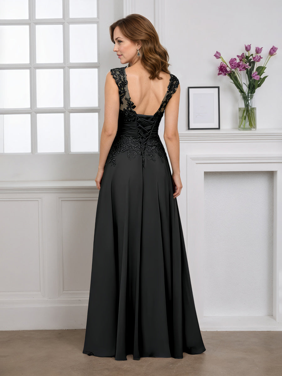 Cicinia Robe pour Mère de la Mariée Noir Longue A-Line en Mousseline Appliqués Dentelle Décolleté en V Longueur Sol