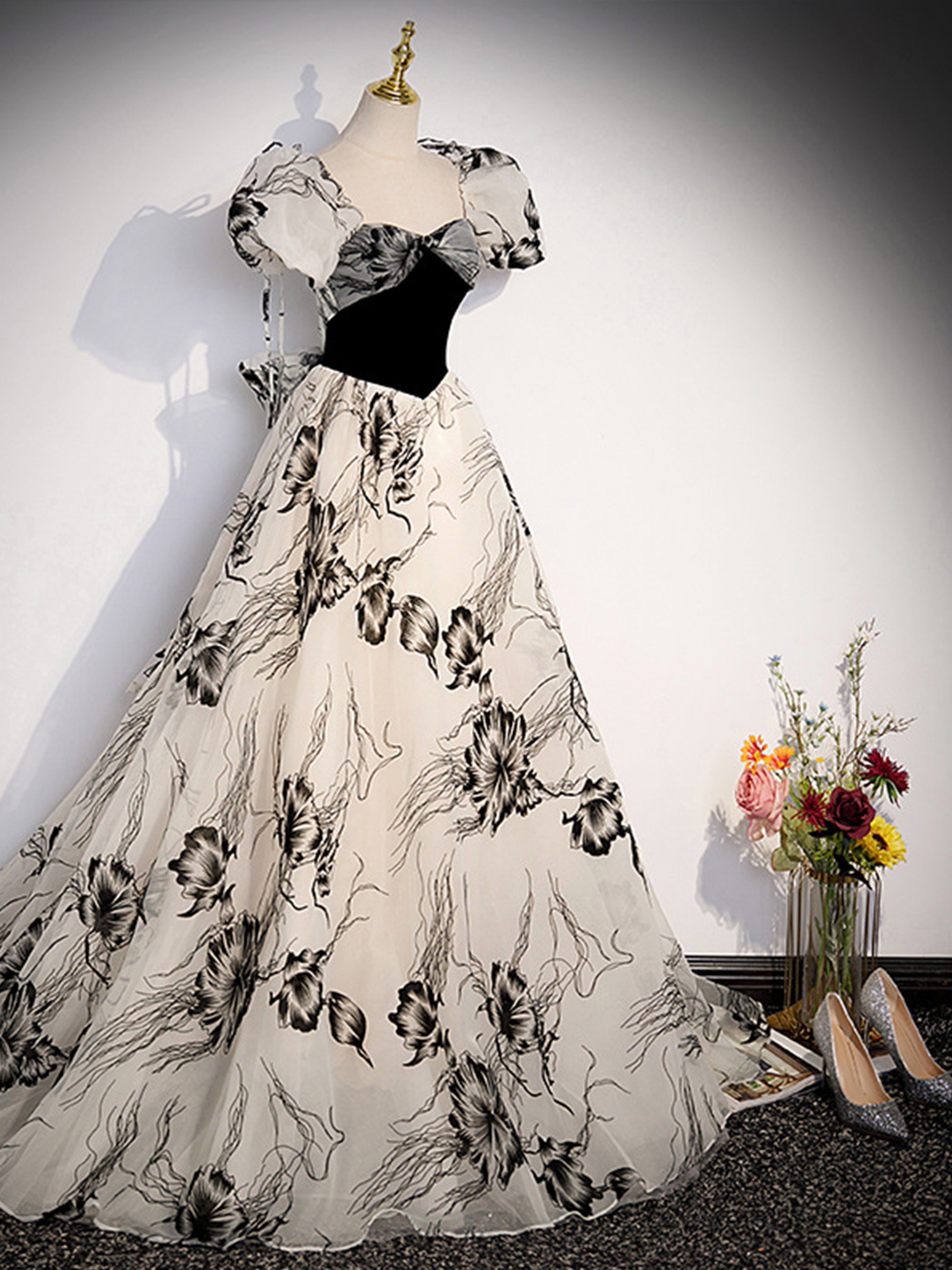 2 Pièces Trapèzes Col Cœur Manches Bouffantes Longueur Ras de la Cheville Robe de Demoiselle d'Honneur en NOIR