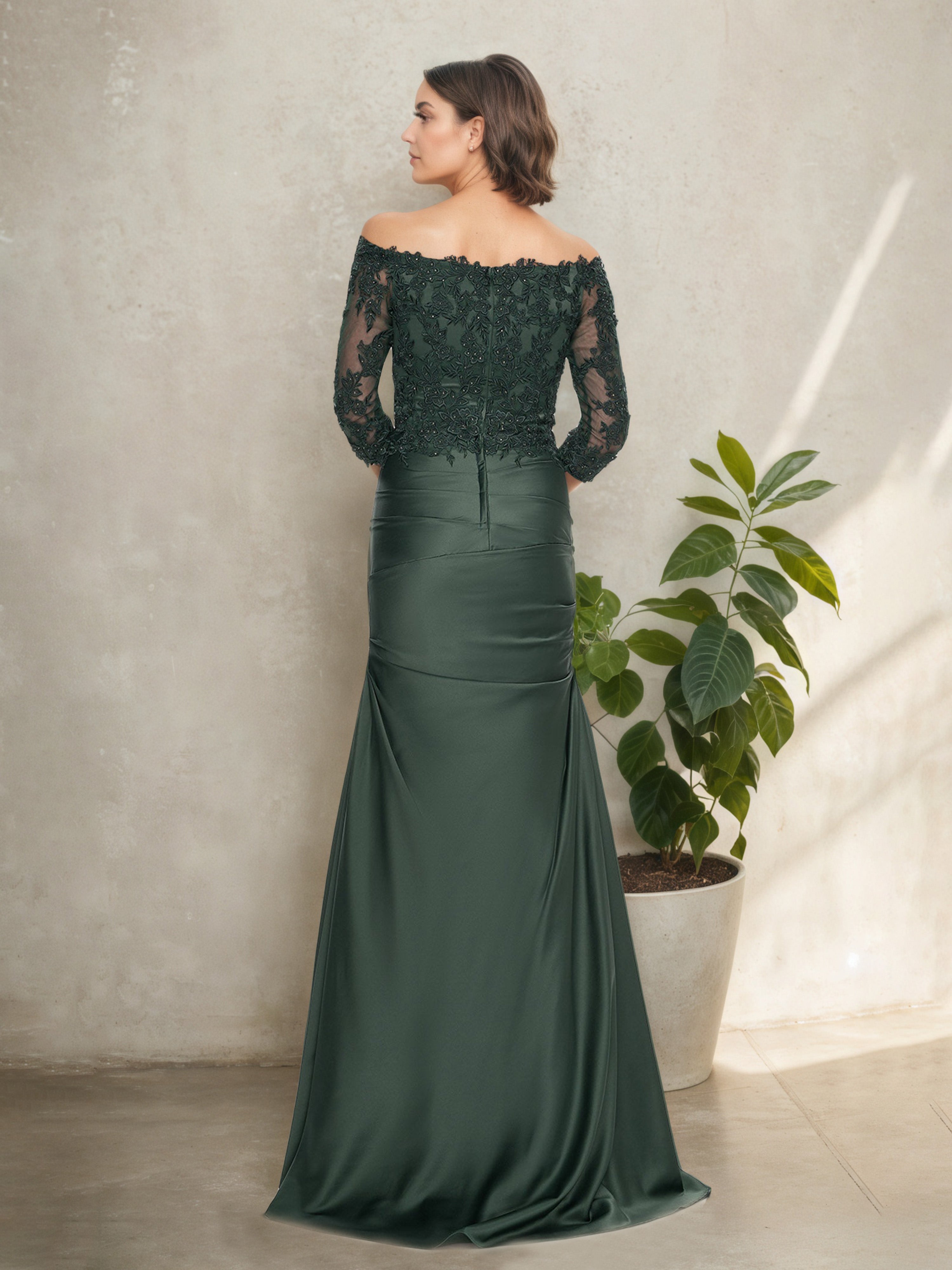 Robe Mère de la Mariée Émeraude Foncé à Épaules Dénudées Manches Longues avec Effet Plissé