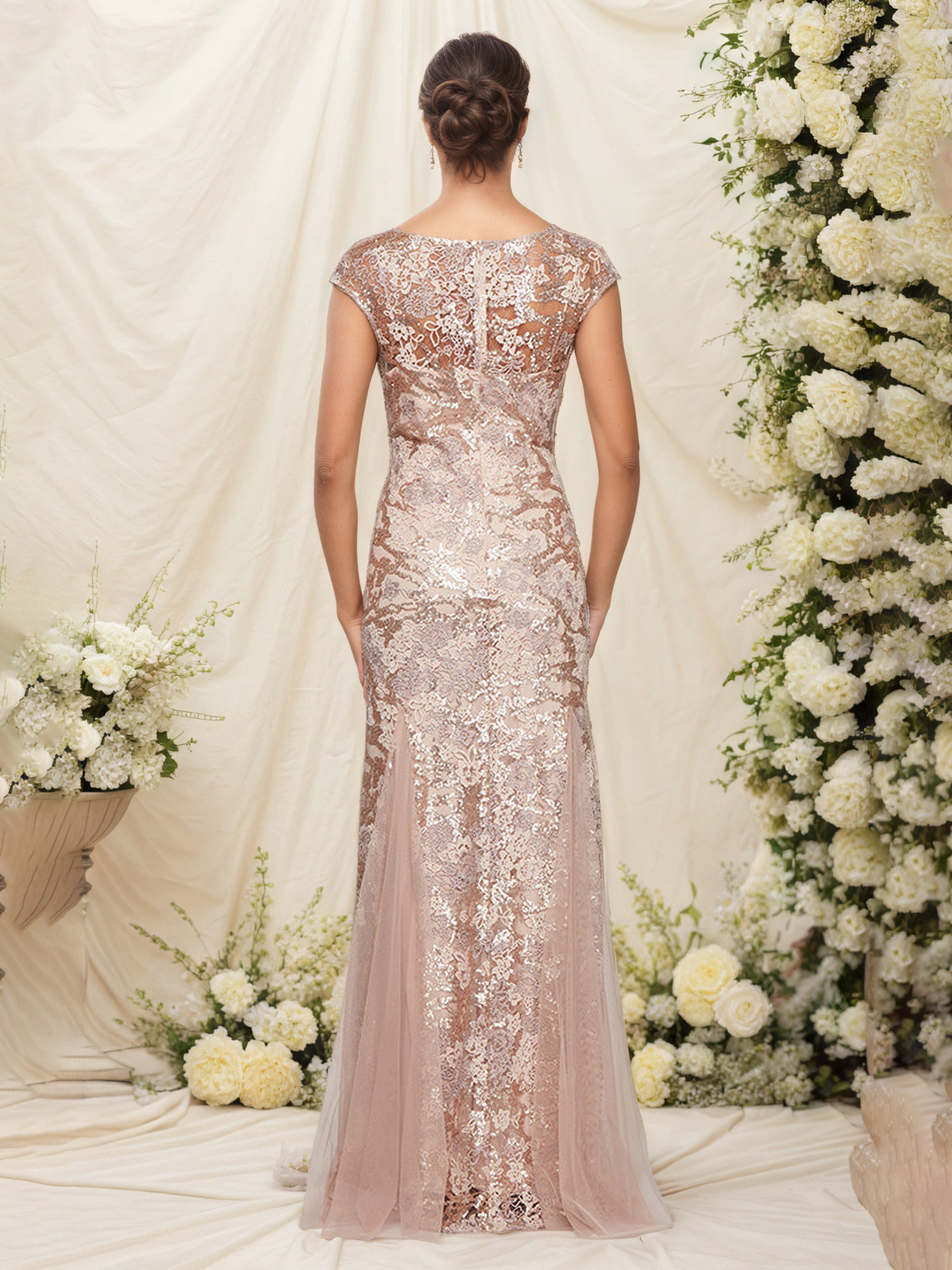 Robe Mère de la Mariée OR_ROSE Fourreau/Colonne Col en V Manchette Brodée avec Châle
