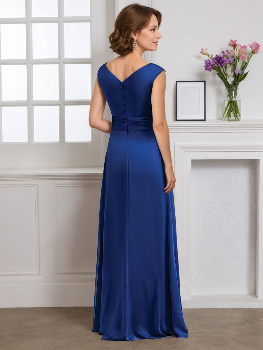 Cicinia Bleu Marine Robe pour Mère de la Mariée Longue Fourreau en Mousseline Perlé Décolleté en V