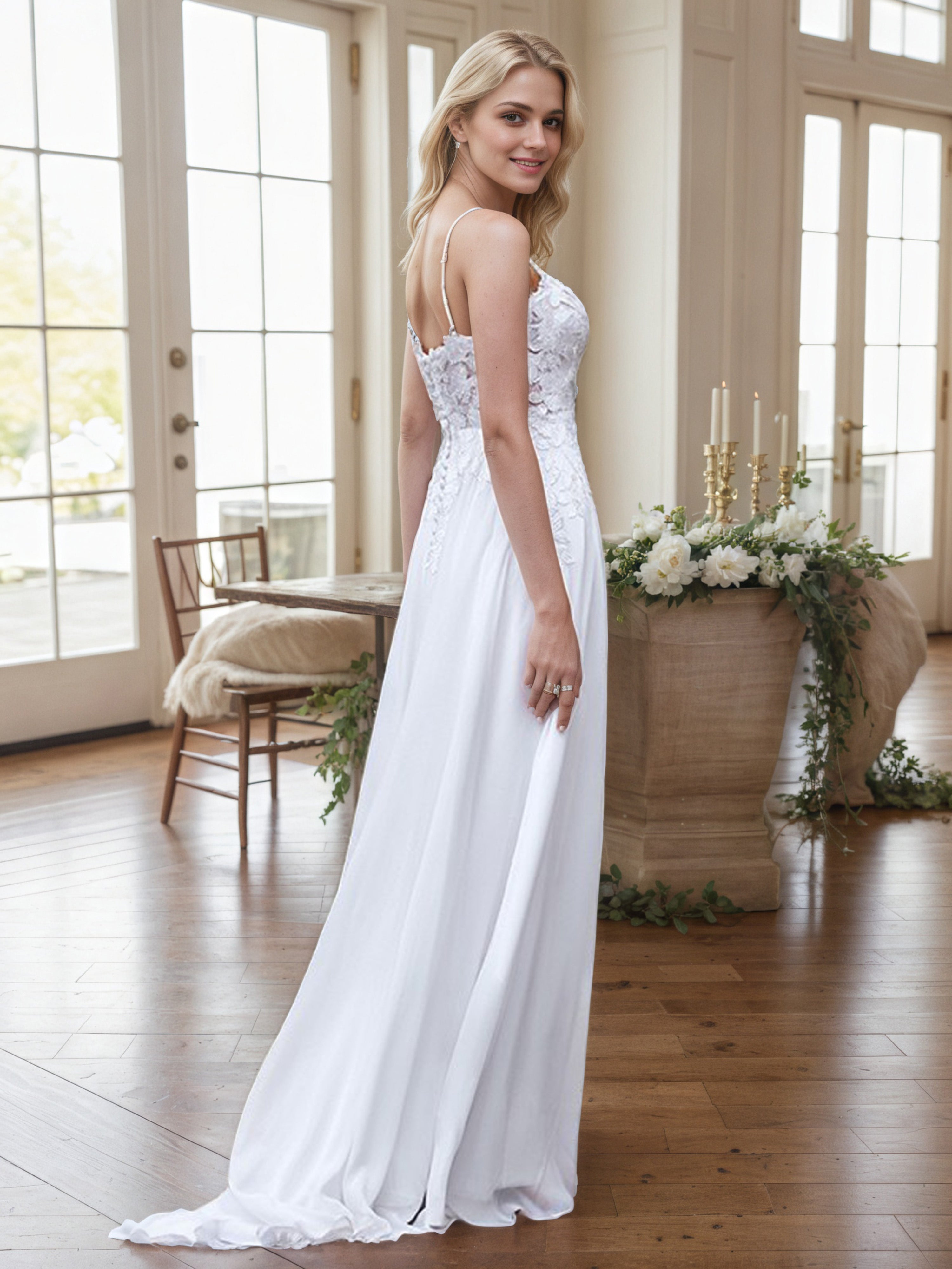 Robes de mariée de plage IVOIRE Cache Coeur Bretelles Spaghetti en Dentelle Trapèze