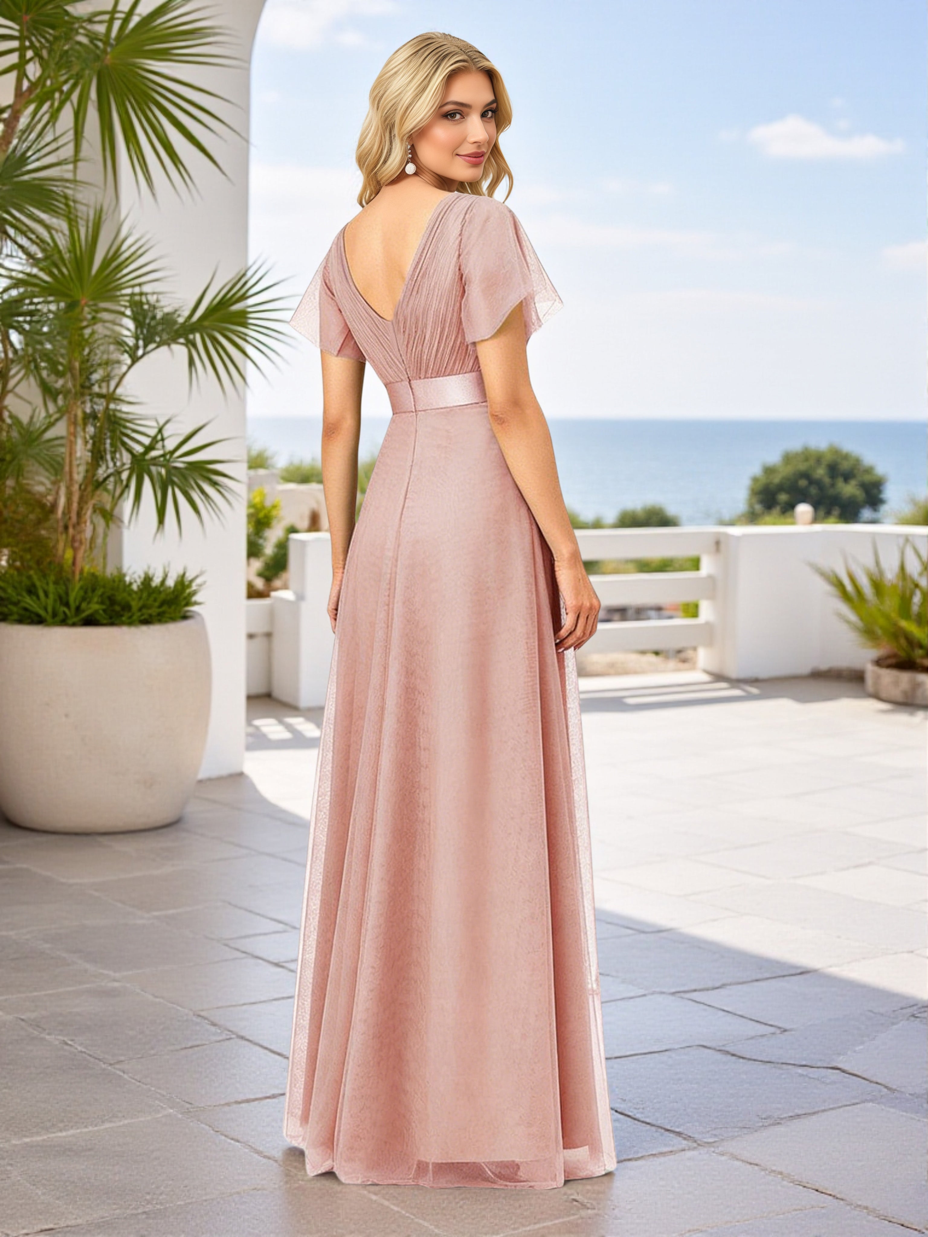 Cicinia Robe Demoiselle d’Honneur Rose Poudrée Longue Double Décolleté en V Manches Courtes
