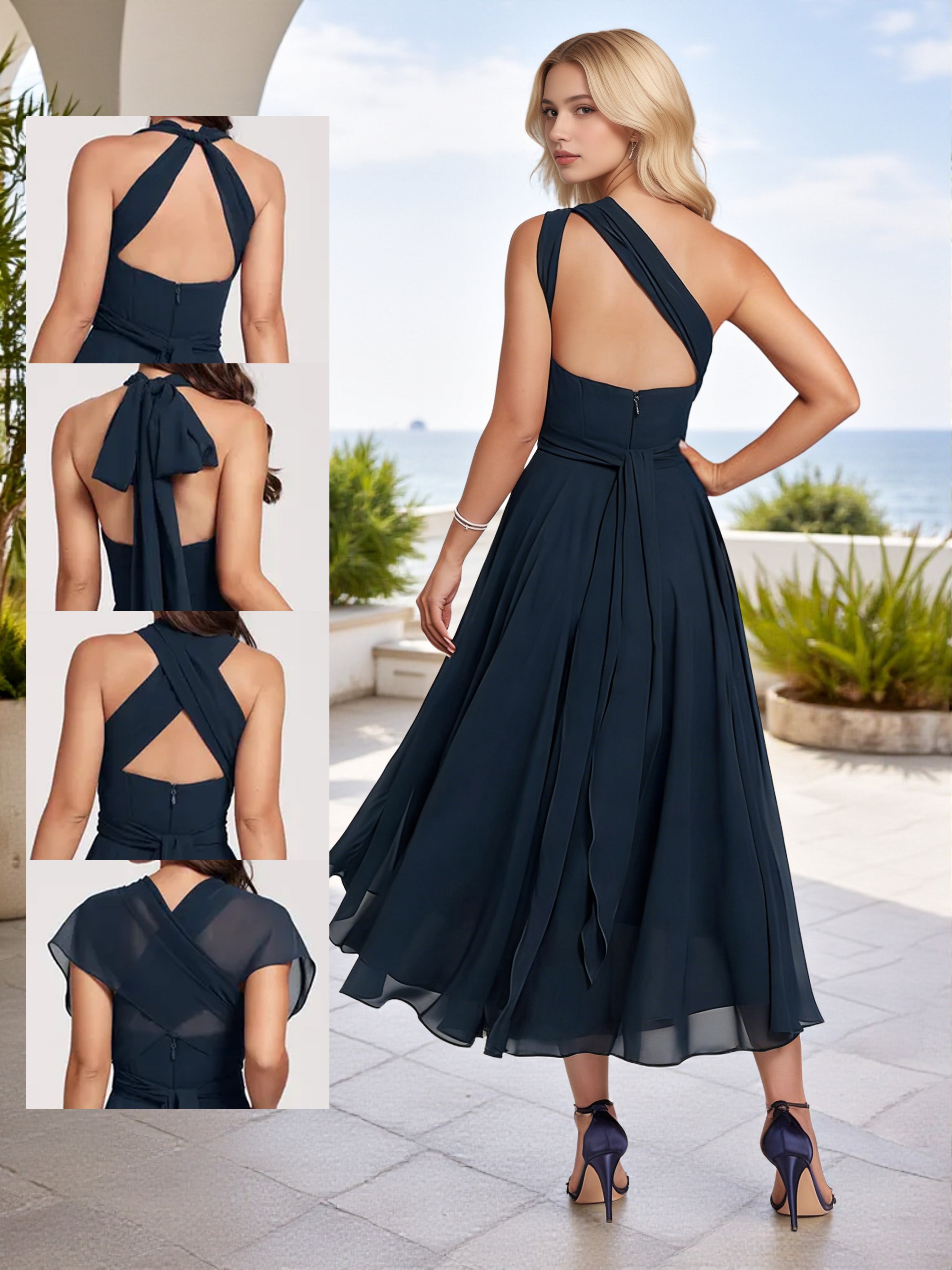 Cicinia Robe Demoiselle d’Honneur Bleu Marine Foncé Midi en Mousseline Une Épaule Encolure Transformable