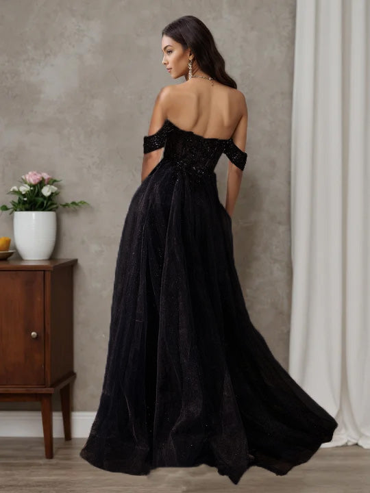 Cicinia Noir Robe de Soirée Longue A-Line en Tulle Épaules Dénudées Fente Charmante