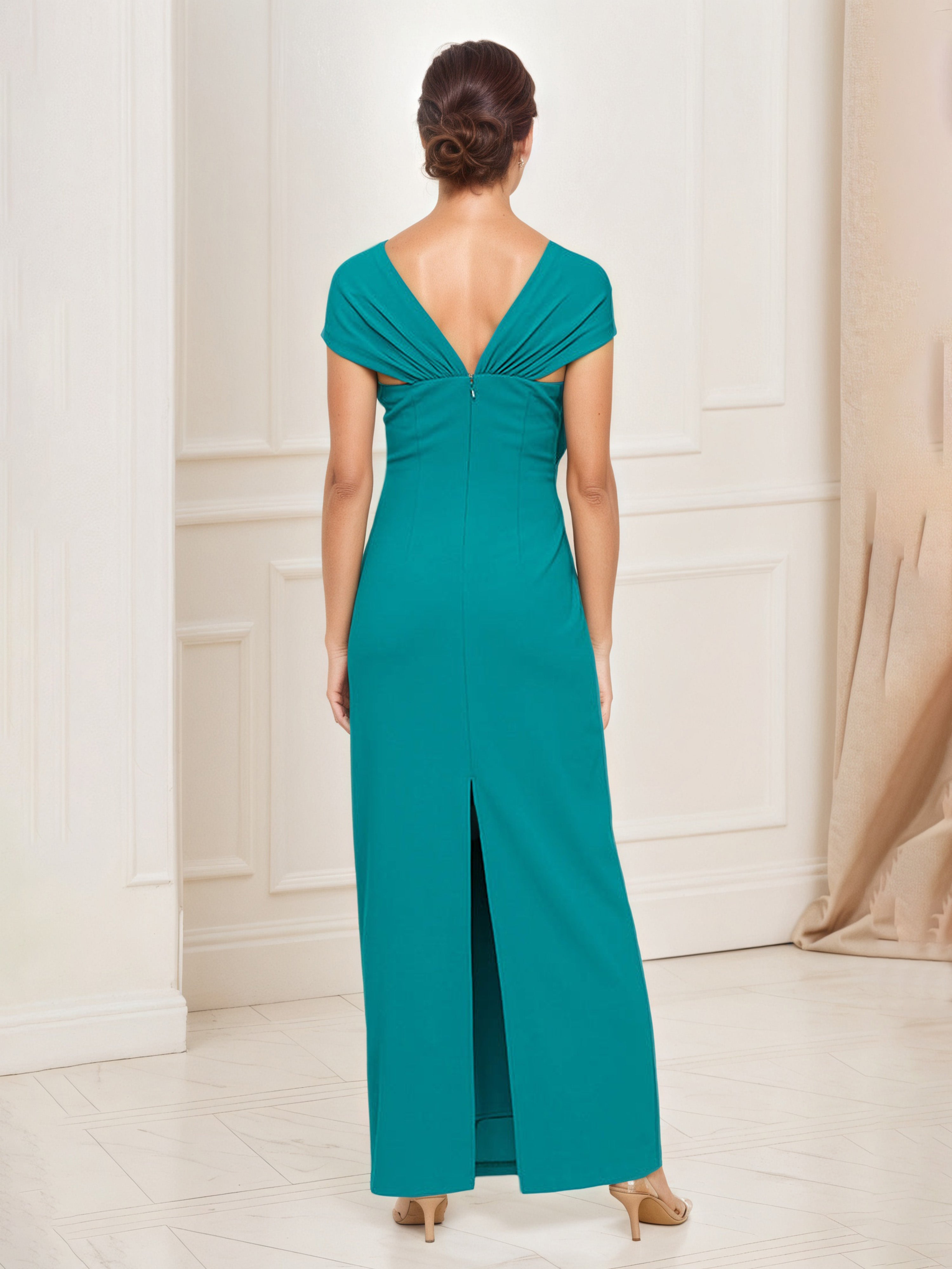 Robe Mère de la Mariée Jade Robe Longue Fourreau/Colonne Col Carré Manches Courtes