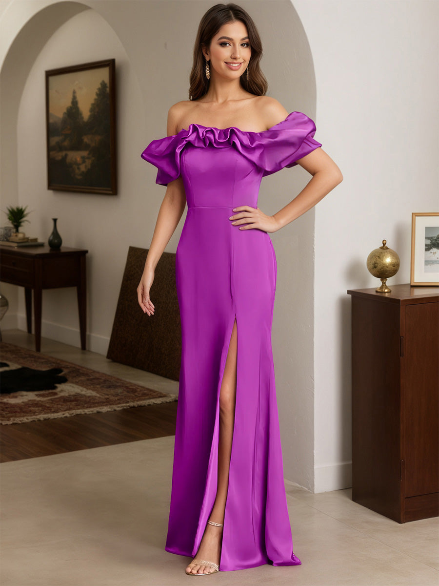 Cicinia ORCHIDEE Robe de Soirée Longue en Satin Extensible Fourreau Épaules Dénudées Longueur Sol