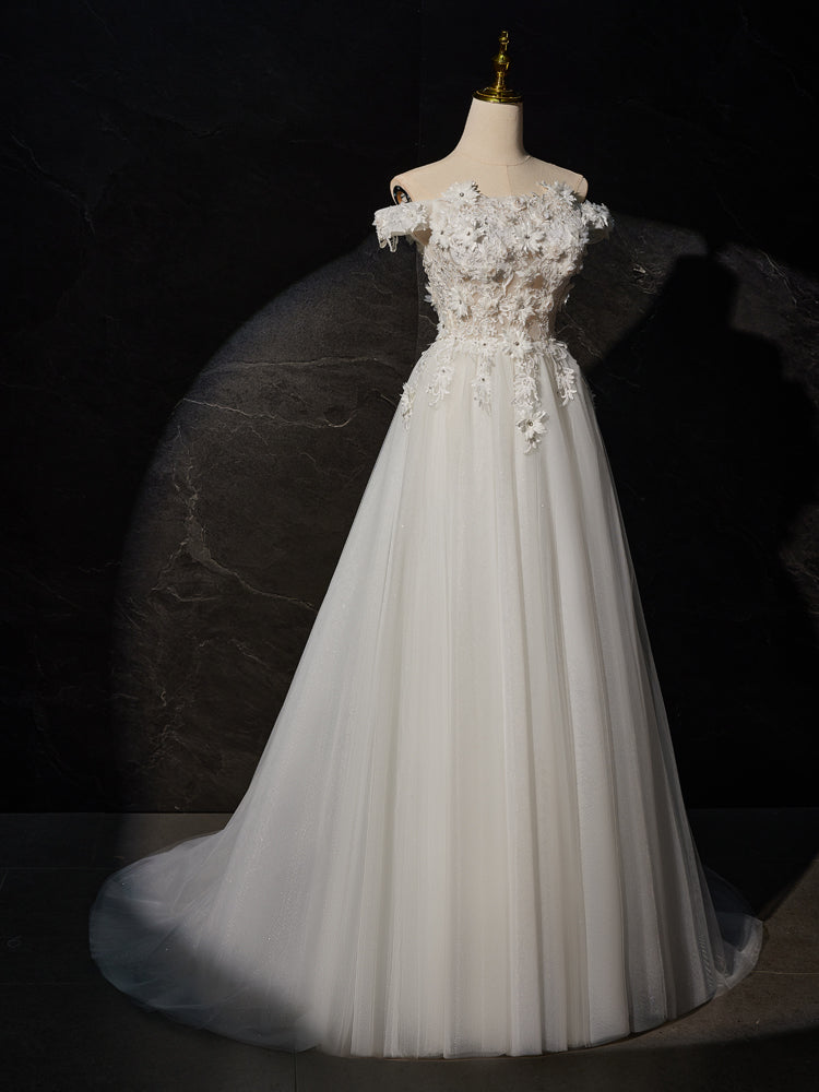 Robe de Mariée Ivoire Longueur Ras du Sol à Épaules Dénudées avec Appliques Florales