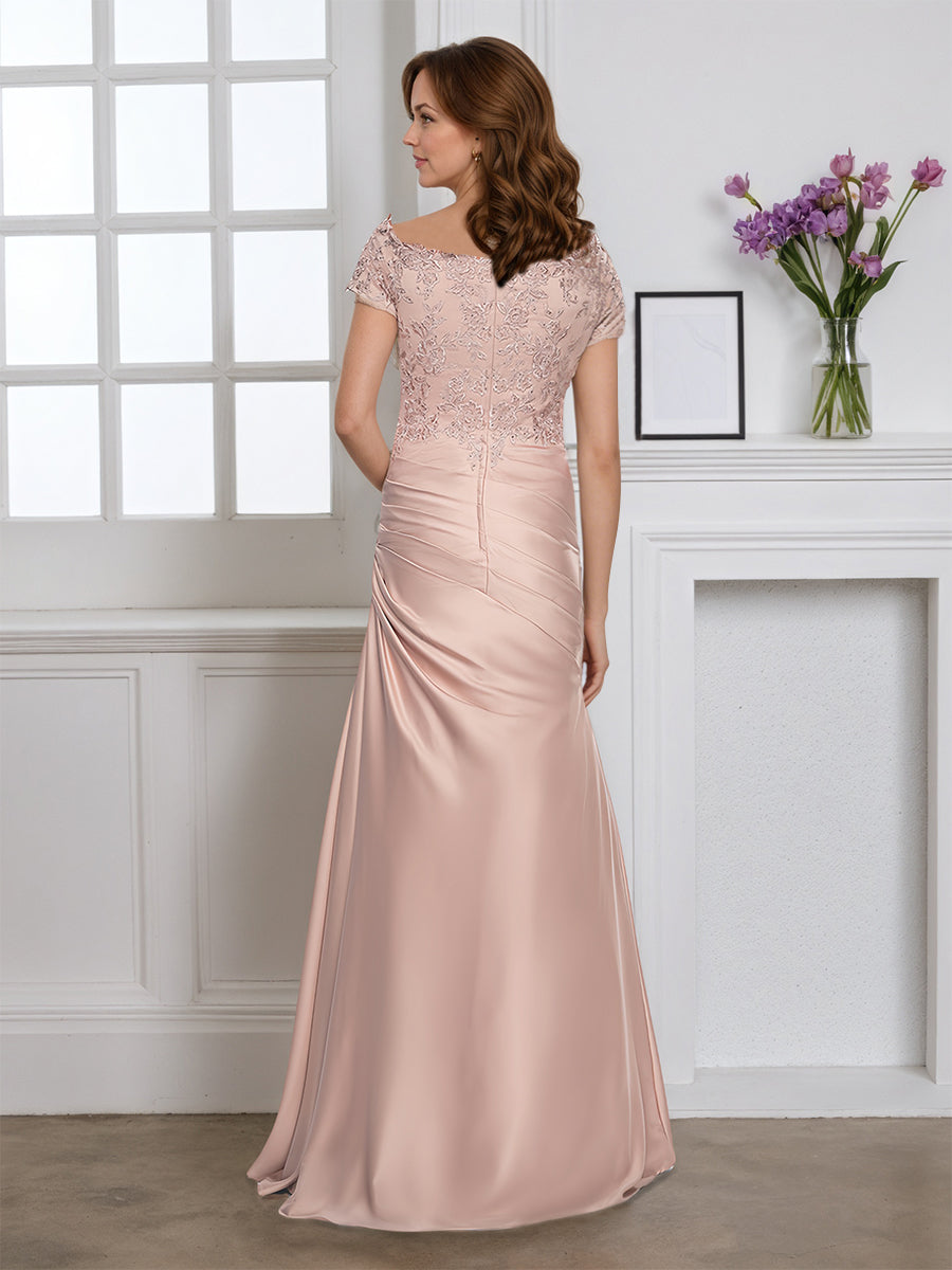 Cicinia Rose Perlé Robe pour Mère de la Mariée Longue en Satin Doux Fourreau Manches Capelines