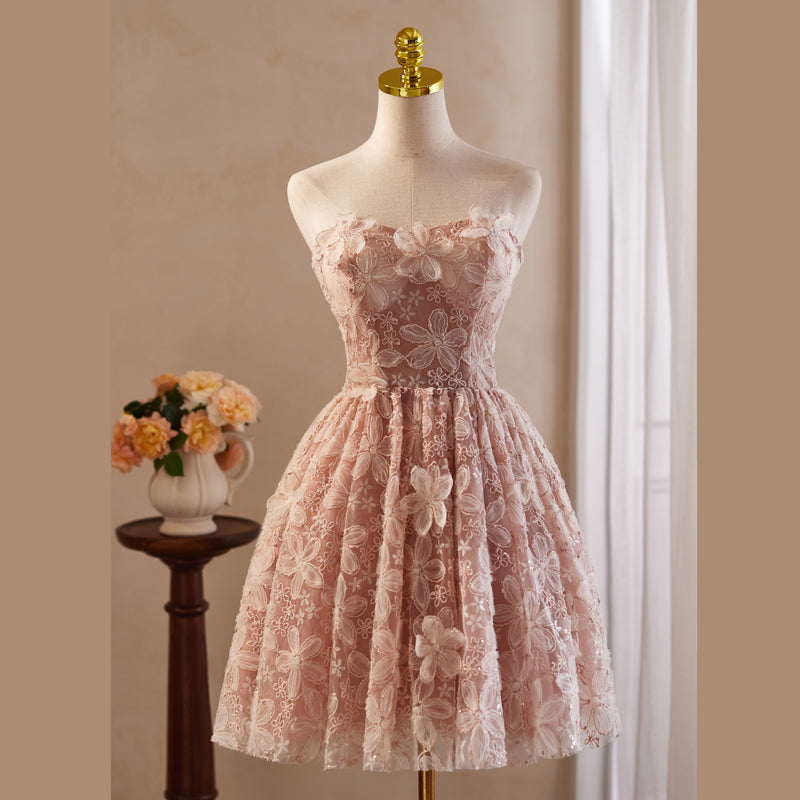 Robe de bal Rose en Tulle et Dentelle à Épaules Dénudées avec Appliques de Fleurs