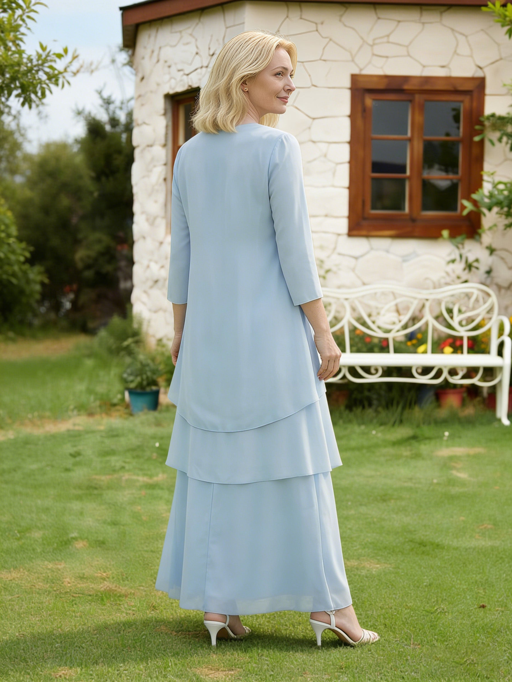 Cicinia Bleu Ciel Robe pour Mère de la Mariée 2 Pièces avec Veste Longue A-Line en Mousseline à Volants