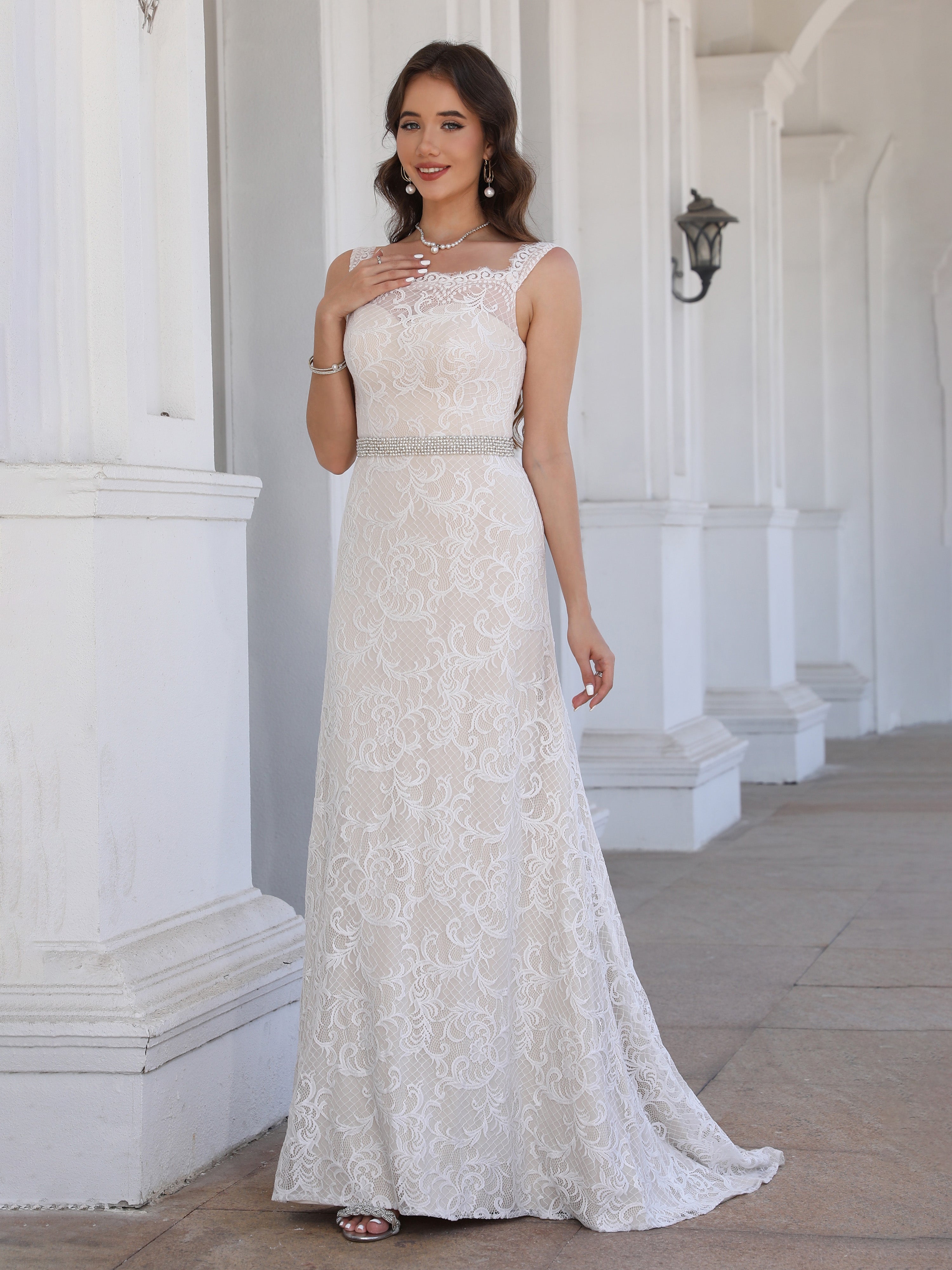 Col Bénitier Dentelle Trapèze Robe de Mariage