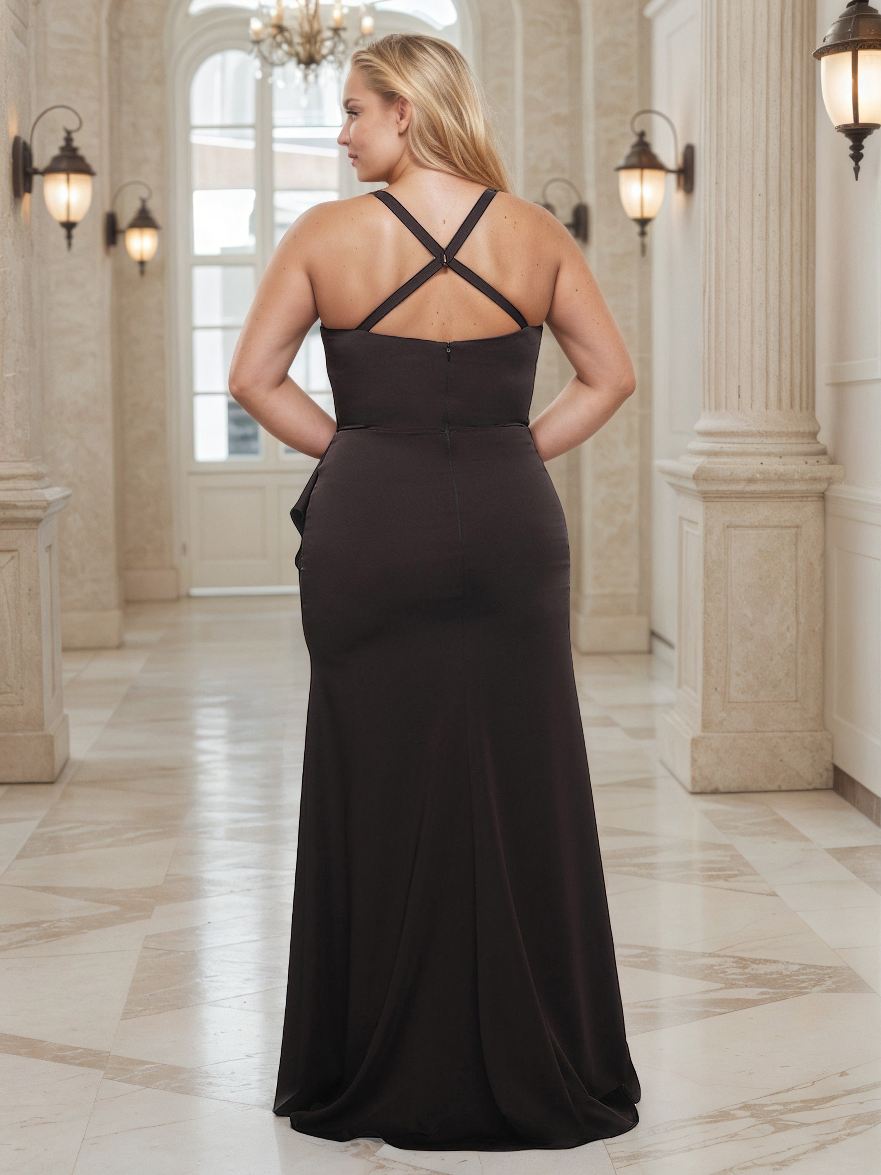 Robe à Encolure Carrée et Bretelles Spaghetti Grande Taille Coupe Sheath Plissée avec Fente à Volants sur le Côté