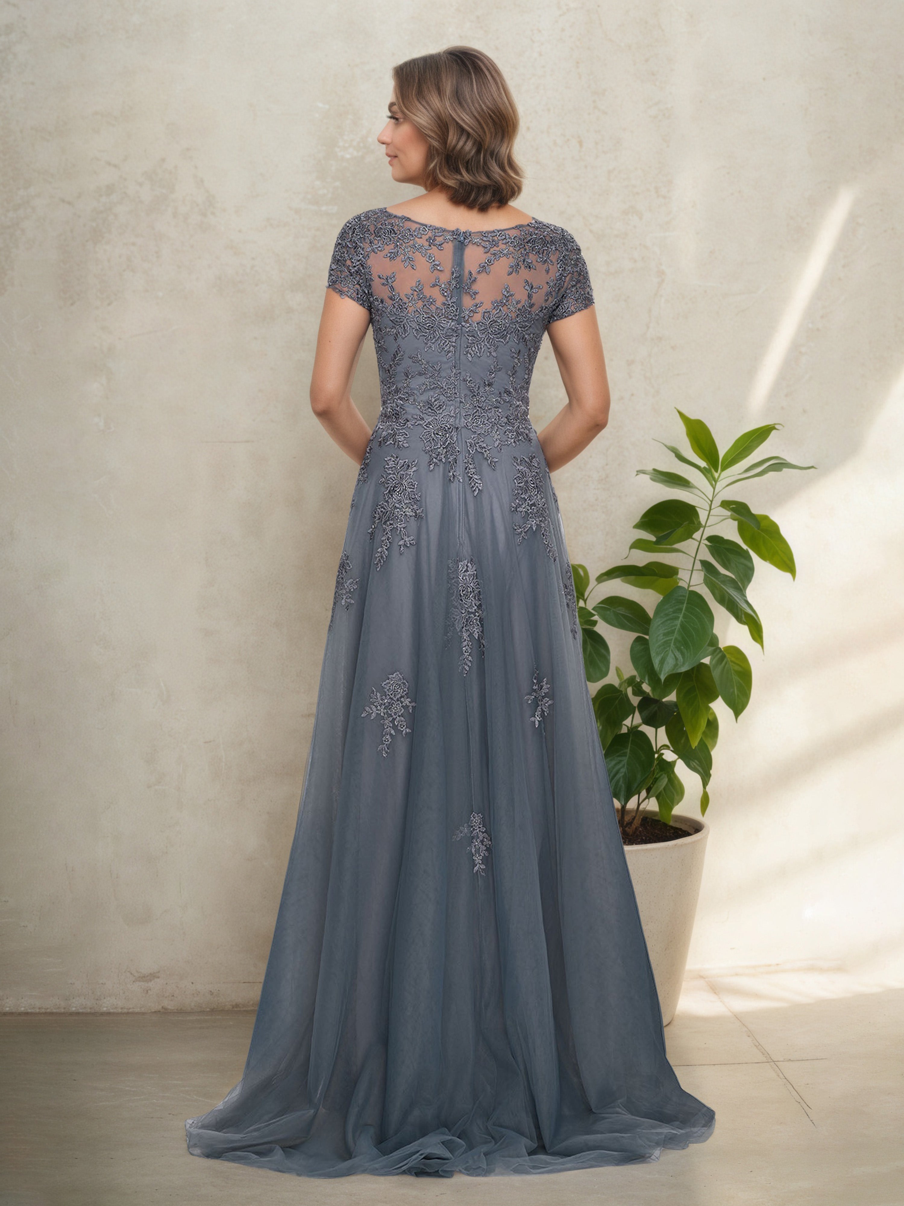 Robe Mère de la Mariée BLEU_DE_SCHISTE en Dentelle Manches Courtes à Décolleté en V