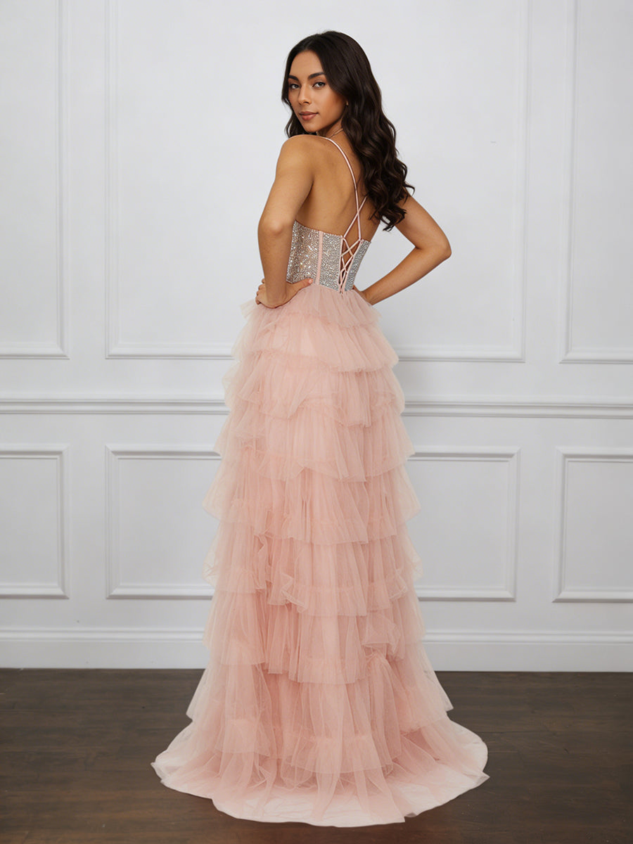Cicinia Rose Perlé Robe de Soirée Longue en Tulle A-Line Bretelles Spaghetti Fente à Volants