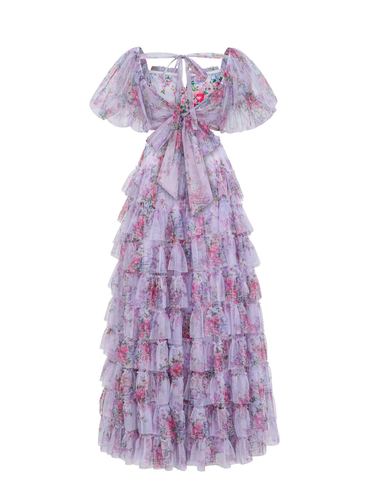 Robe Longue Deux Pièces Trapèze Col Carré Manches Courtes Robe de Soirée en Lilas